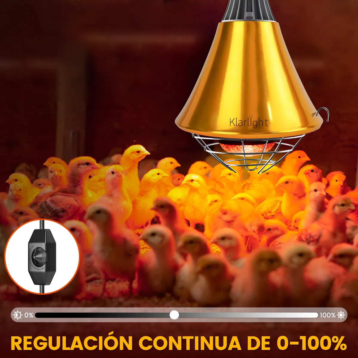 Klarlight Calefactora Infrarrojo Regulable, Reflector con Rejilla Protectora, 2m de Cable, Max. 275W, Calentador para Casas de Cachorros, Pollitos y Cerdos (Sin Bombilla)
