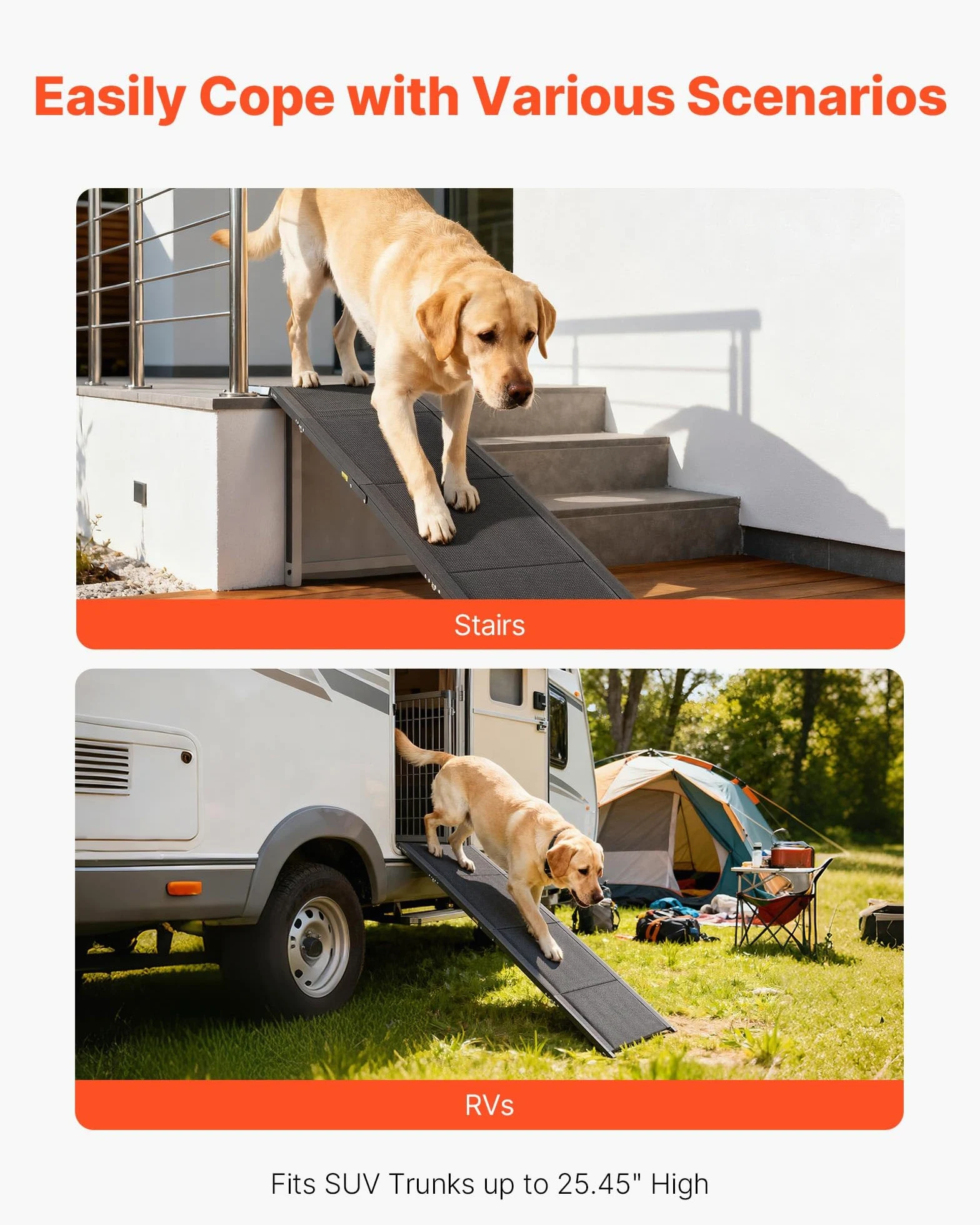 VEVOR Rampa para Perros, 180 x 50,8 cm, Plegable, para Perros Medianos y Grandes de hasta 113 kg, con Superficie de Tela Oxford Antideslizante, Portátil, para Exteriores, SUV y Camiones, Negro