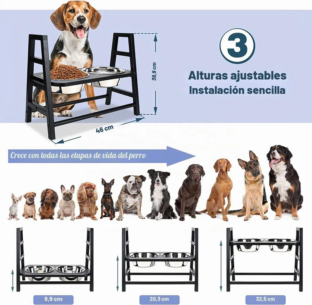 Juego de cuencos para perros con 2 cuencos de acero inoxidable para comida y bebida, cuenco antieslingas para perros sanos, estación de alimentación para perros medianos y grandes