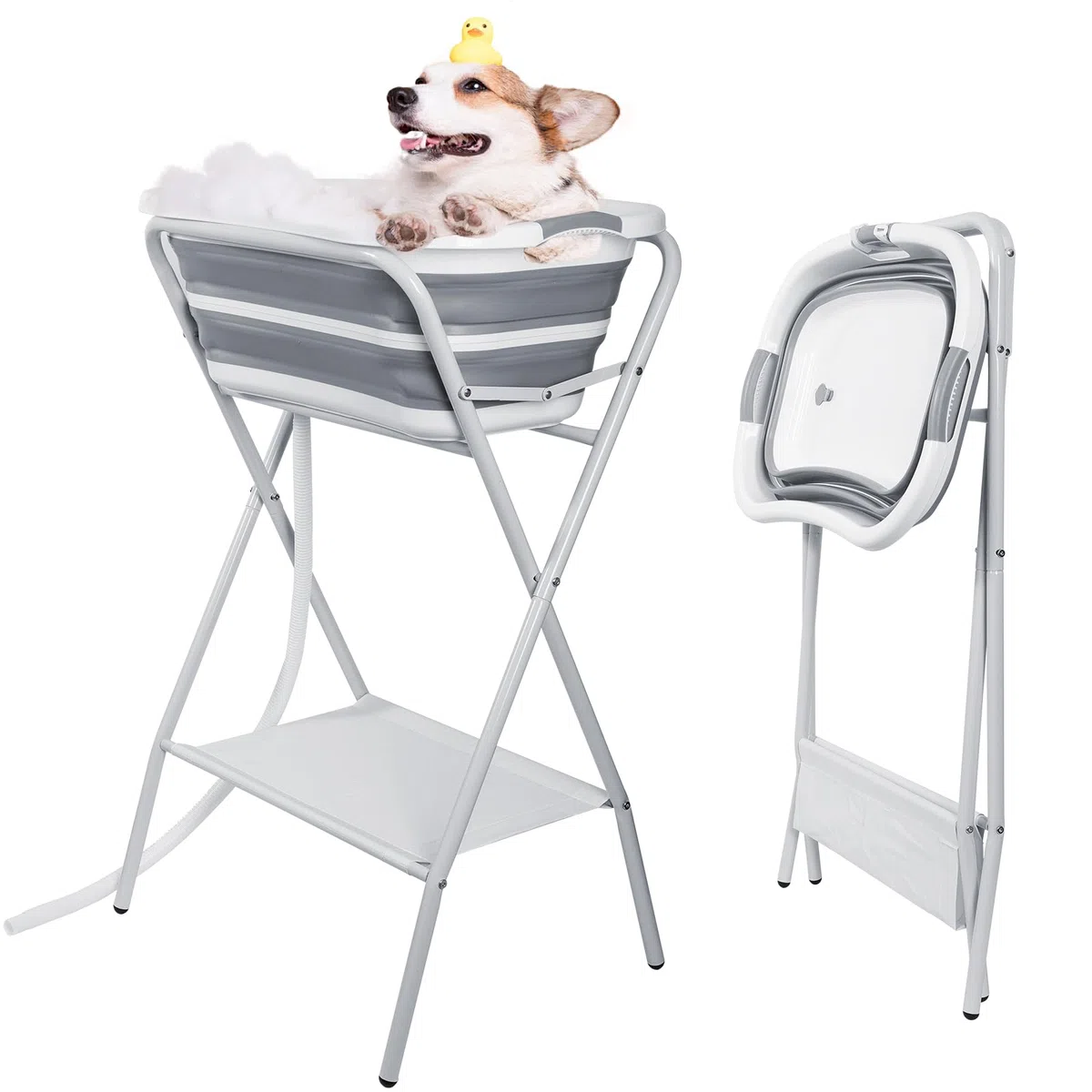 Bañera plegable para perros: estación de lavado portátil 2 en 1, estación de lavado para aseo con desagüe y estante, ducha para perros de tamaño pequeño a mediano, gatos y mascotas, para interior y