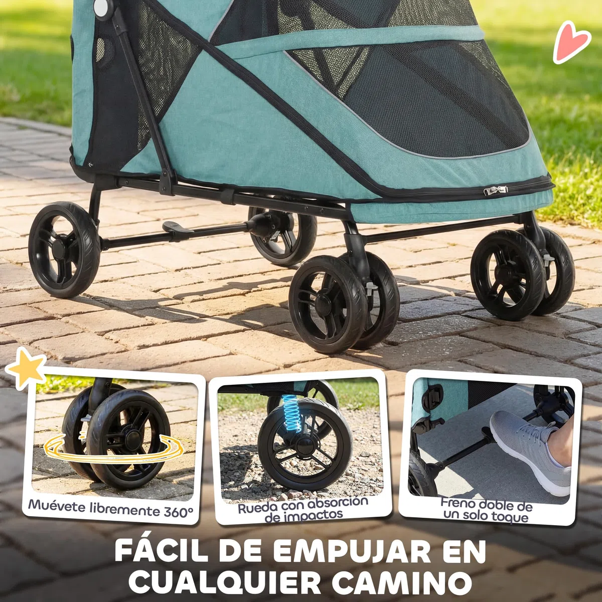 PawHut Carrito para Perros y Gatos Grande Plegable con un Botón hasta 30 kg, Cochecito para Perros Medianos y Grandes, Suspensión 4 Ruedas, Giratorio, Freno de Pie, Cojín Lavable, Turquesa