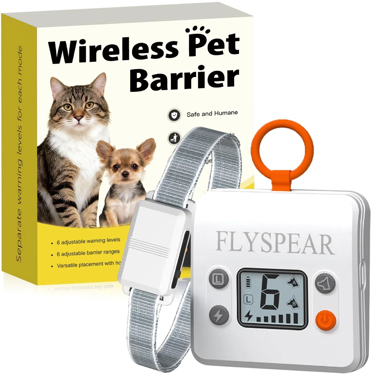 FLYSPEAR Barrera inalámbrica para gatos, barrera recargable para interiores con 6 radios de rango ajustables de hasta 7 pies, 6 intensidades estáticas seguras ajustables, sistema de valla eléctrica