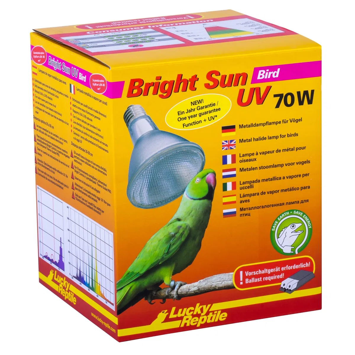 Lucky Reptile Bright Sun UV Bird - 70W Sistema lámpara de halogenuros metálicos para Bases E27 - Lámpara Espectro de luz de día para pájaros - Radiador UVA y UVB - Luz sin centelleo para pájaros