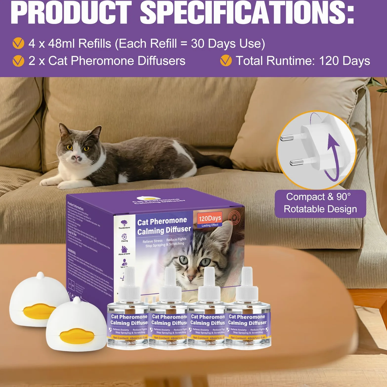 SLE Difusor de Feromonas Calmantes para Gatos Mejorado 4 Recambios Livia la Ansiedad y el Estrés, Multigato Natural Calmante para Gatitos para Hogar Estrés Dormir Peleara Arañazos Maullar