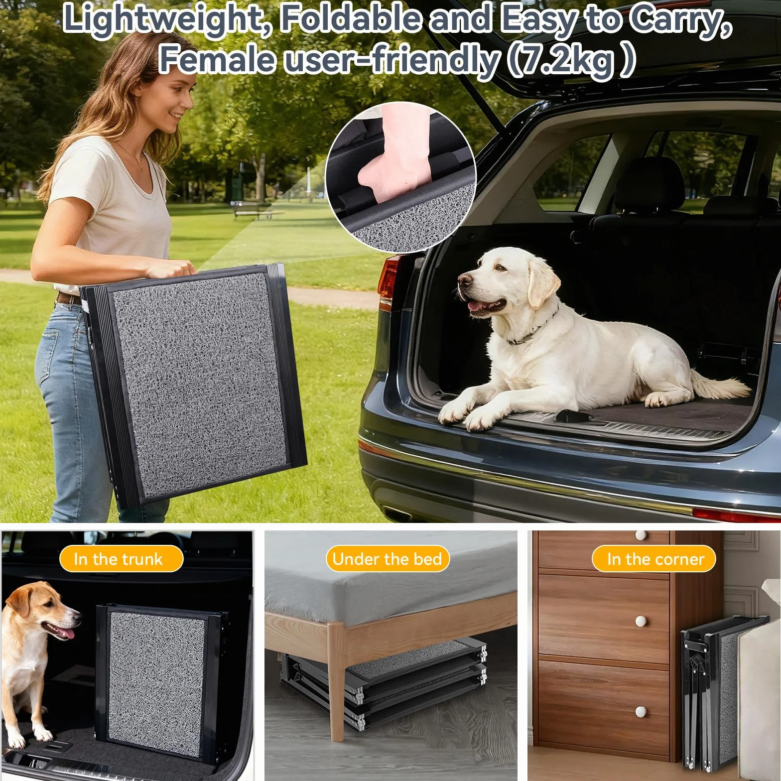 Rampa para Perros, 170x44 cm Coche Plegable,Soporta hasta 70kg Rampa de Aluminio Antideslizante con Superficie de PVC para SUV Camas Altas y Escaleras para Perros Portátil Negro