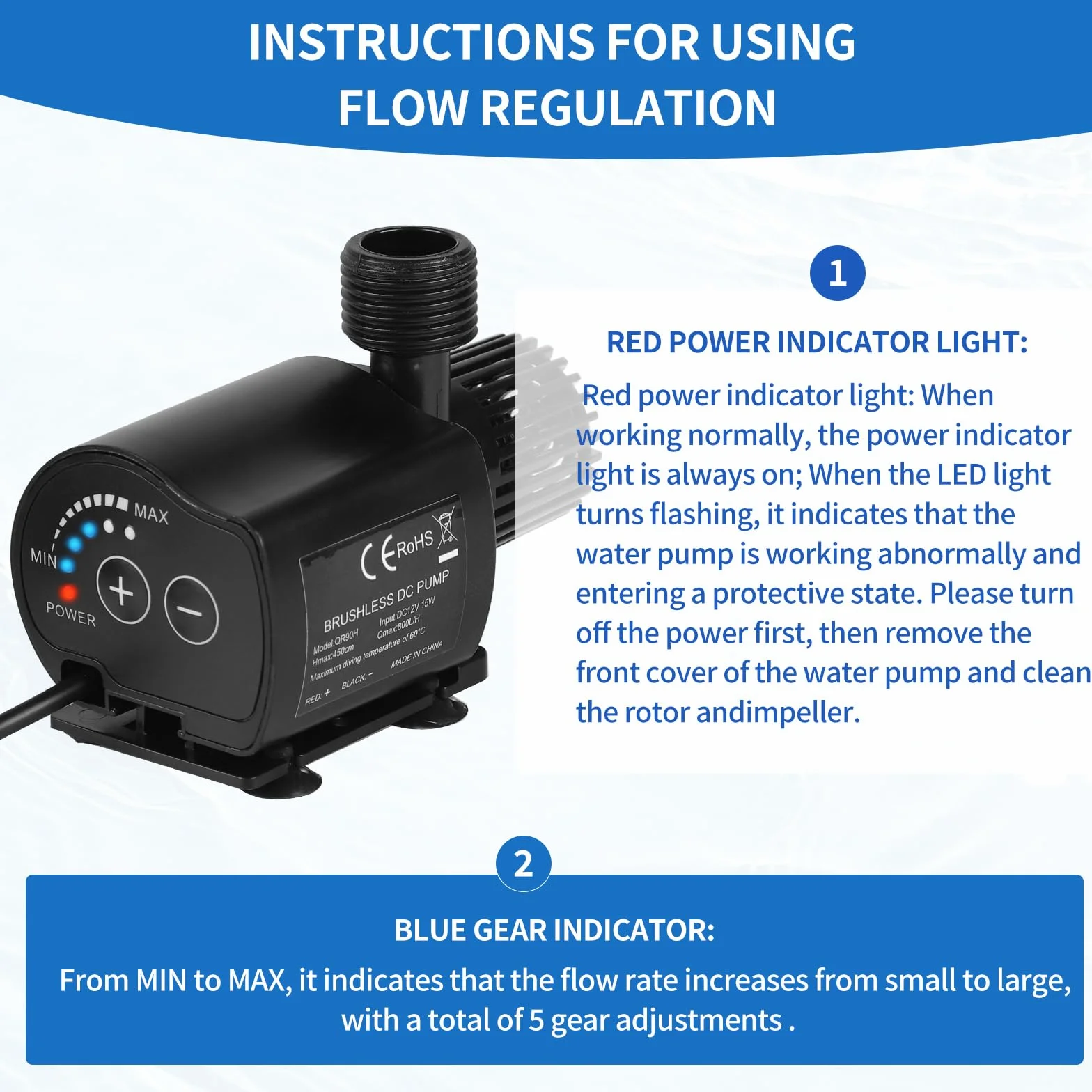 SWAWIS Bomba de Agua Sumergible 12V 800L/H 4,5M con Control de Velocidad y Adaptador de Red