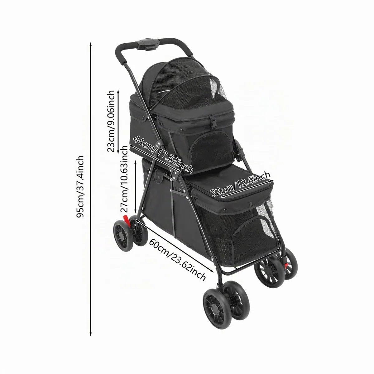 Carro de mascotas de 2 capas para perros y gatos, cochecito plegable de doble cubierta con ventana de malla, freno y bolsa de almacenamiento, estructura estable de acero de carbono, con capacidad de