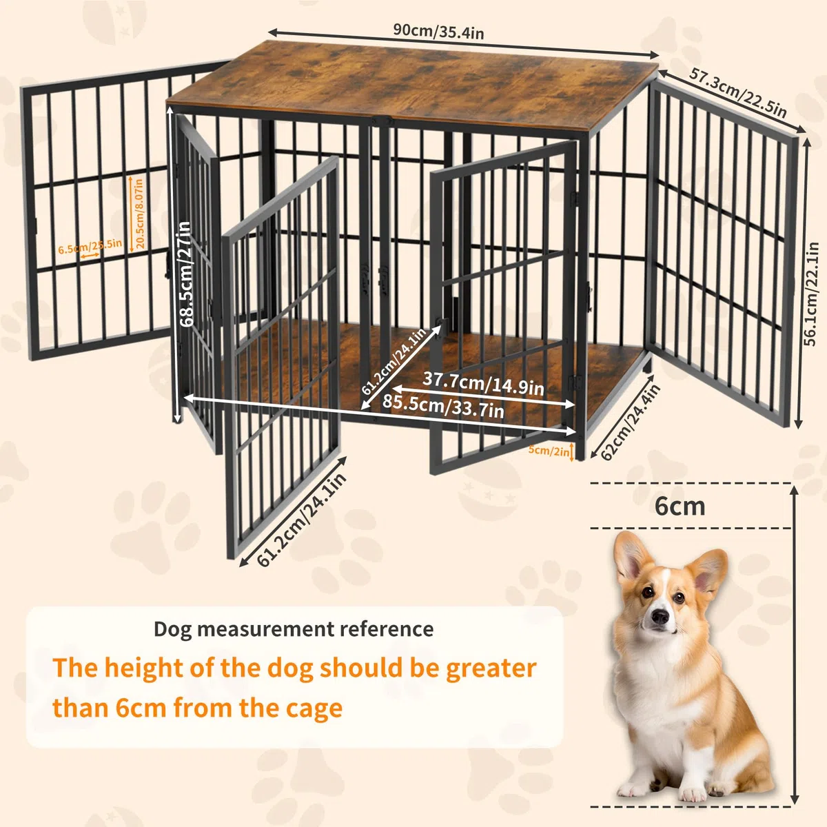 Bingopaw Jaula Perro Mediano Grande Mueble 90X62X68,5cm con Divisor Jaula Perros Madera con Hierro Fuerte Anticorrosivo y Superficie de Mesa y Cuerpo Conectable Dog Crate de 2 Habitaciones