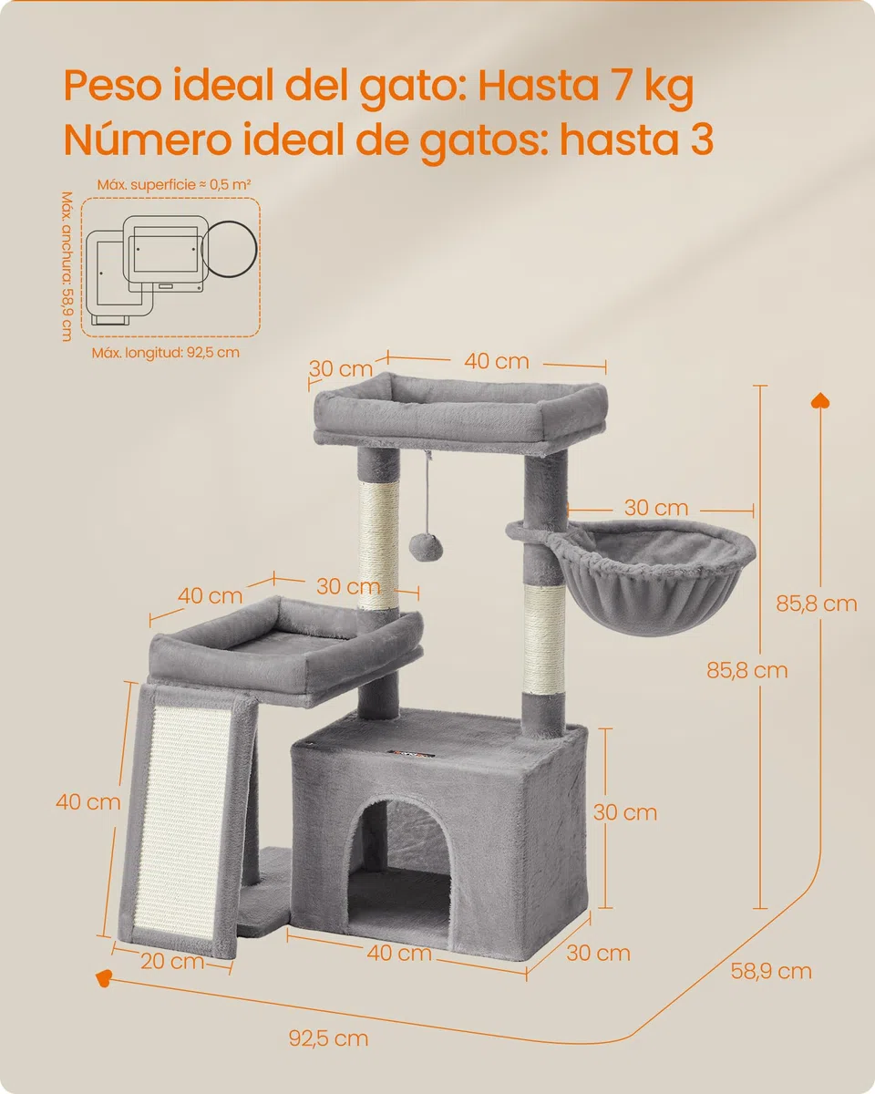 Feandrea Árbol para Gatos, Torre de Juegos con 2 Camas Grandes, Postes Rascadores y Rampa, 85,8 cm de Altura, Gris Paloma PCT013GD01