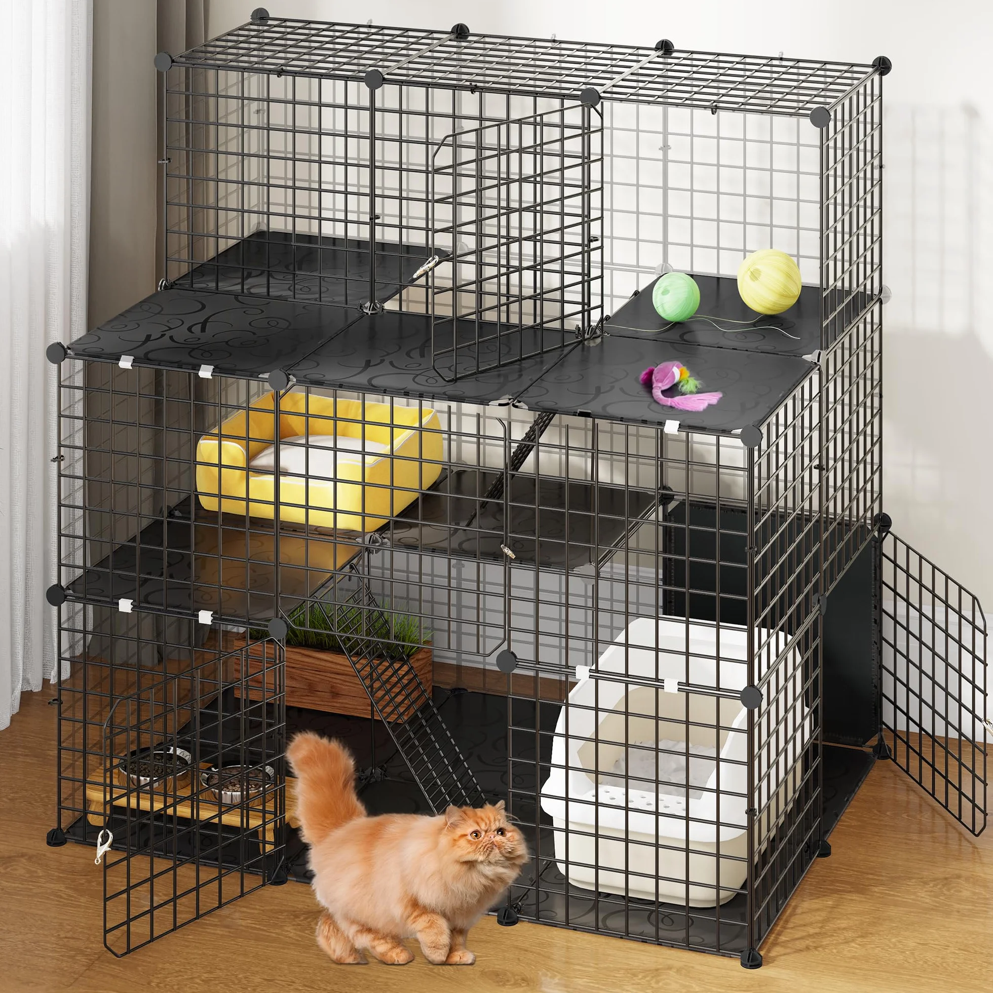 YITAHOME Jaula Grande para Gatos de Interior con balcón, perreras de Alambre de Metal Desmontables de 3 Niveles, Jaula para Gatos de Bricolaje para 1-3 Gatos, 106 x 71 x 106 cm