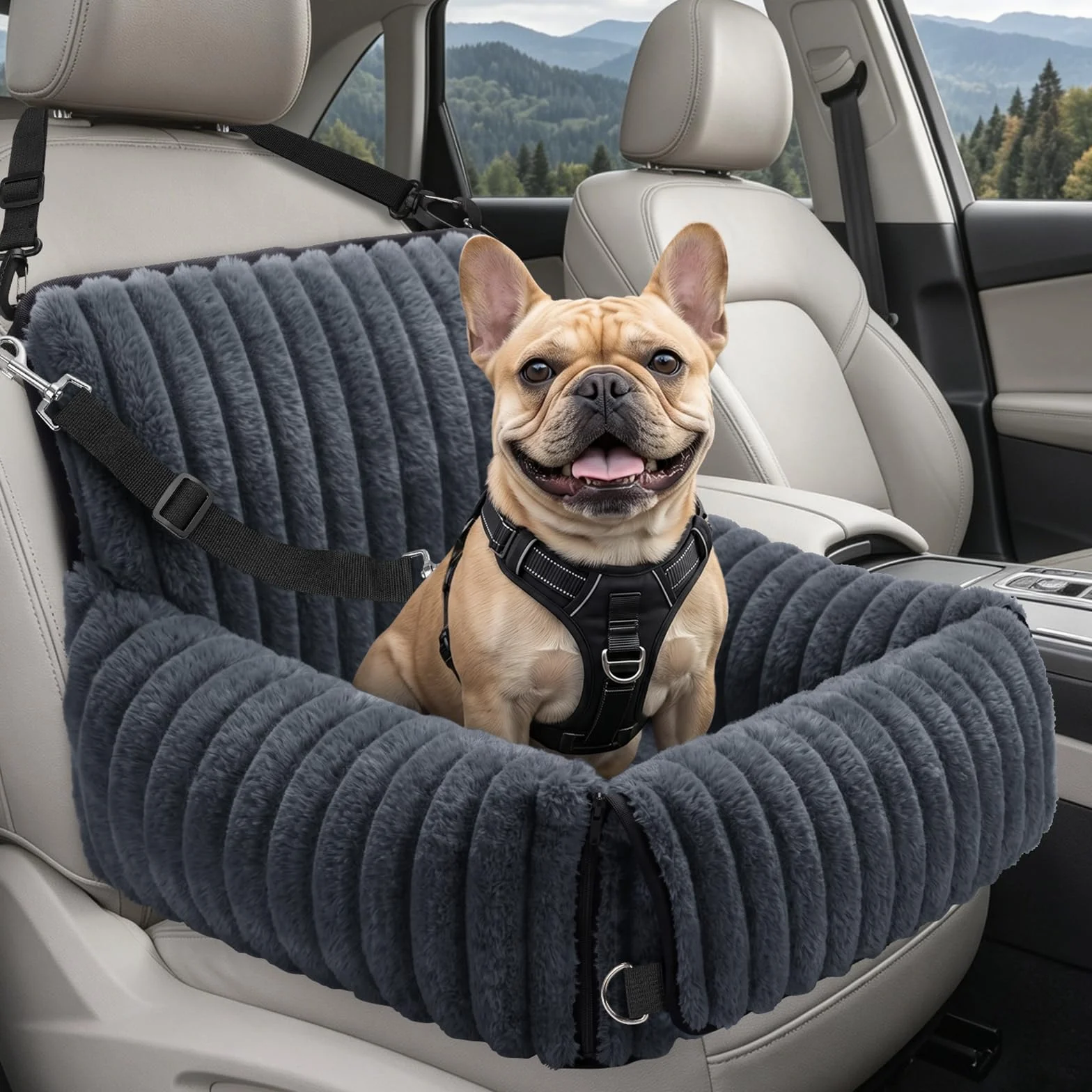 MIXJOY Asiento de Coche para Perros pequeños y medianos, extraíble y Lavable, Correa con inserción, Relleno de Espuma viscoelástica Espesa, para Asiento Trasero y Delantero (Ggris)