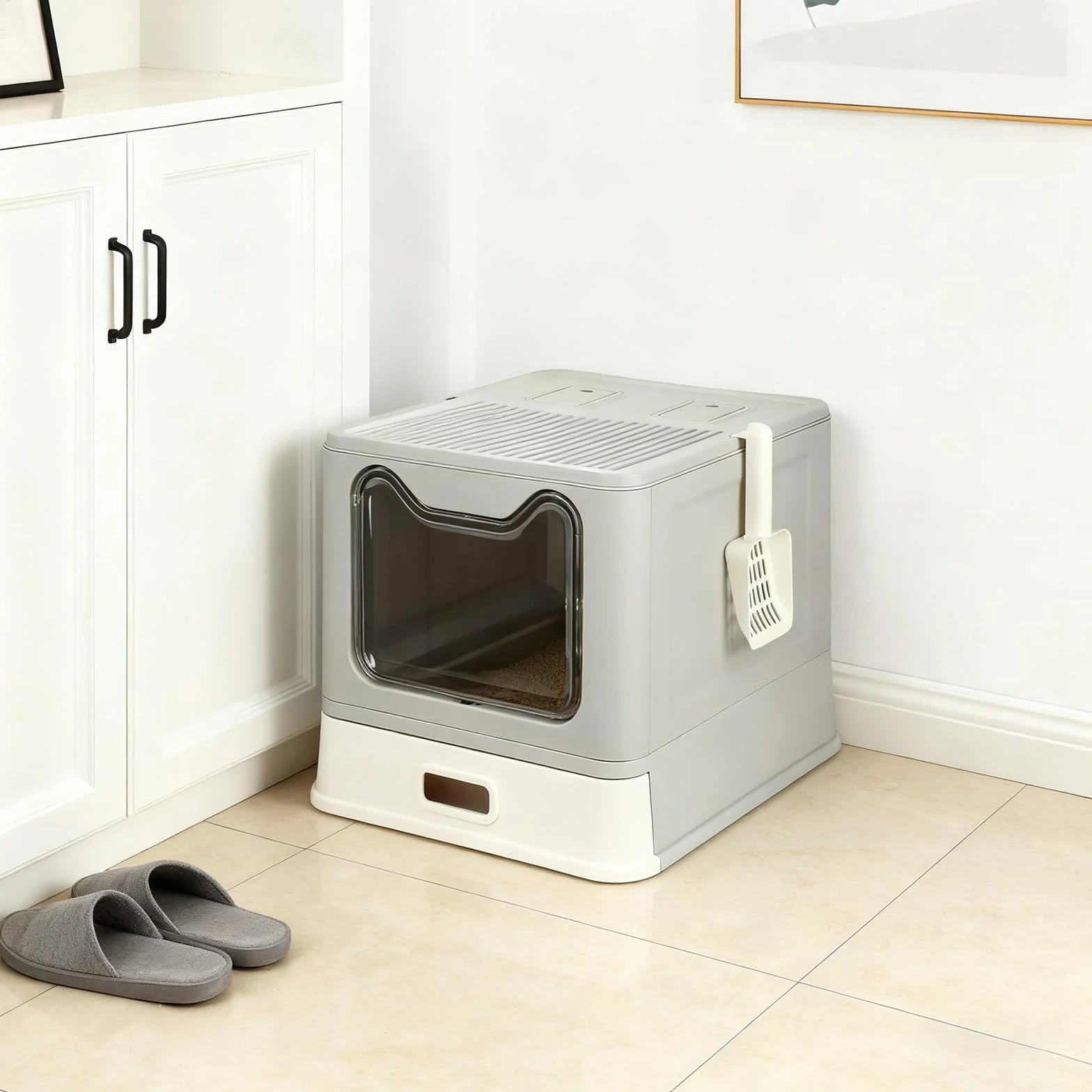 Caja de Arena Plegable para Gatos de Acero Inoxidable, Pala, Casa de Baño Fácil de Limpiar, Resistente a Olores, Adecuada para Gatos Grandes, 41 x 51 x 38 cm, Acero Inoxidable (Gris) (B)