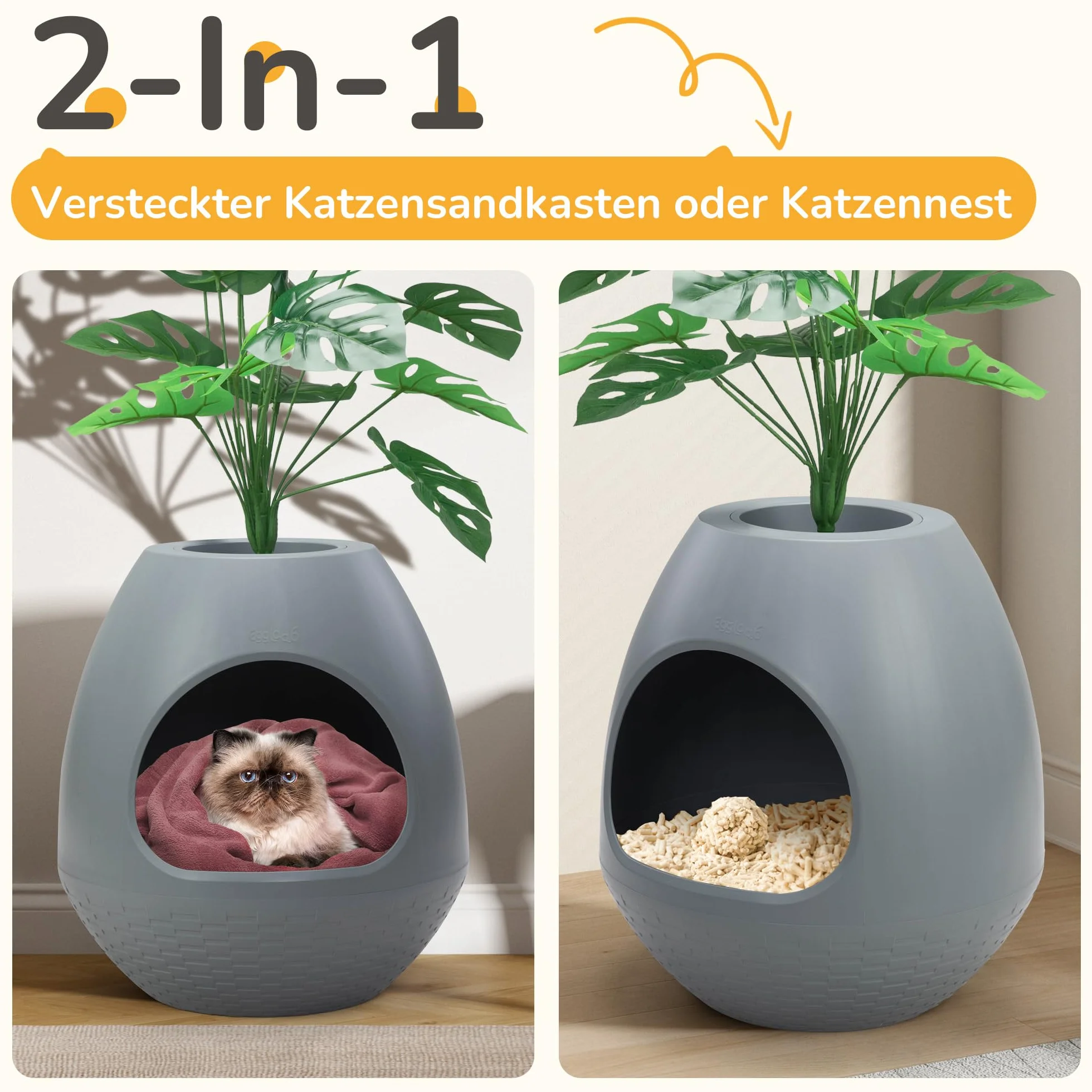 Arenero para gatos como maceta, caja de arena multifuncional con tapa y planta, arenero para gatos oculto, ideal para la mayoría de los gatos, la elección ideal para apartamentos y oficinas (gris)