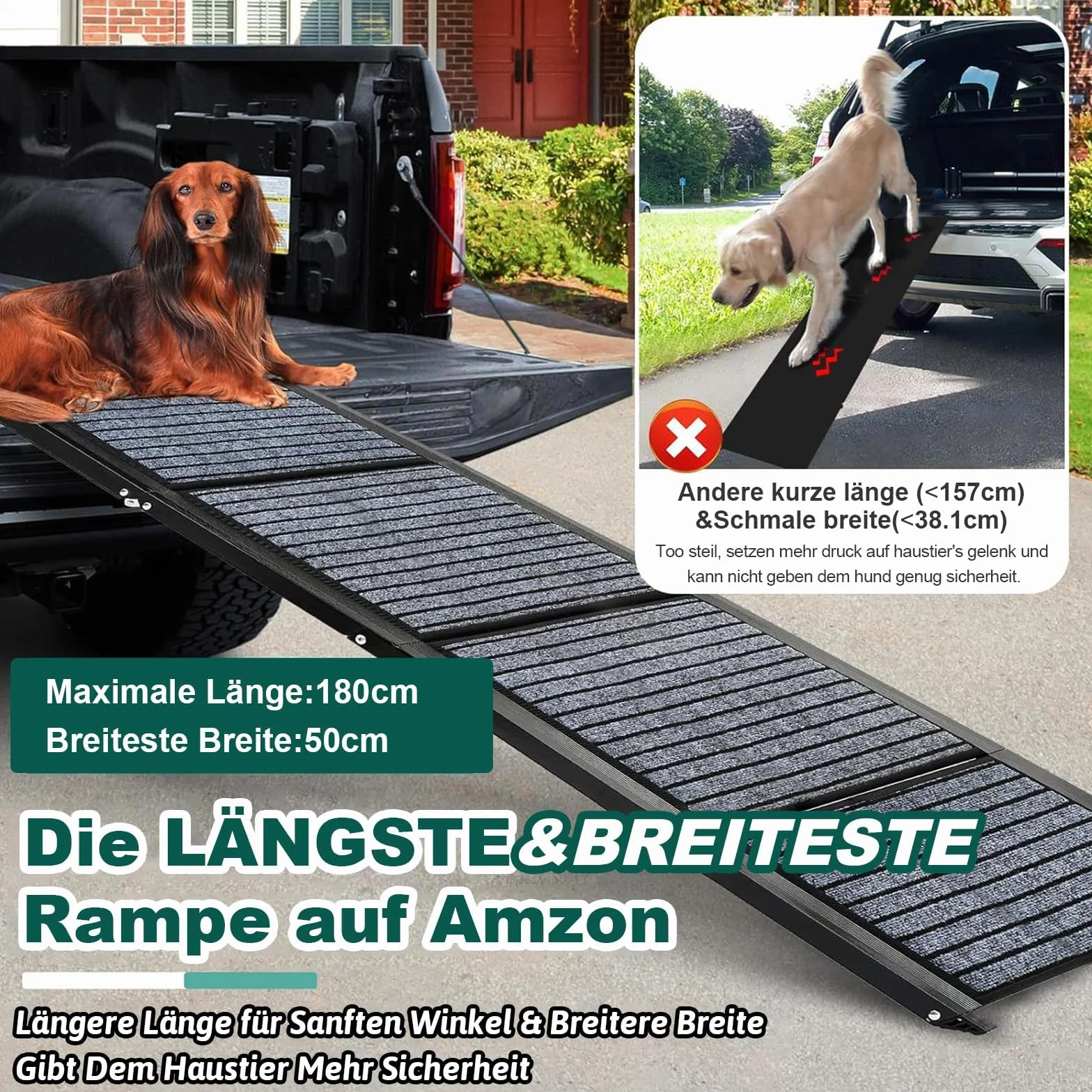 Rampa para perros más larga de 180 cm y más ancha de 50 cm, rampa plegable para autos con alfombra antideslizante, plegable para escalones al aire libre, escalera para perros para autos para perros