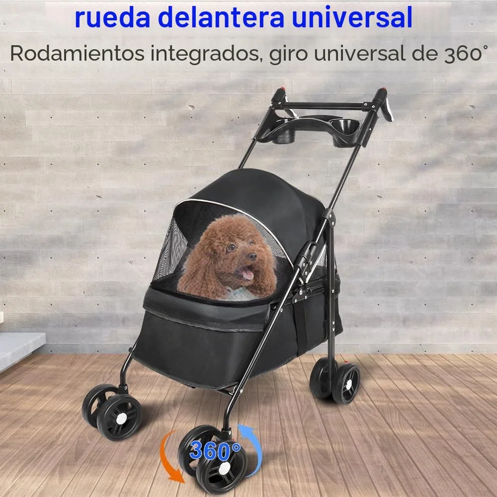 Cochecito de viaje para perros, 25 kg, con bolsa de almacenamiento y cubierta para la lluvia, cochecito Buggy para perros con portavasos, 50 x 70 x 95 cm, color negro