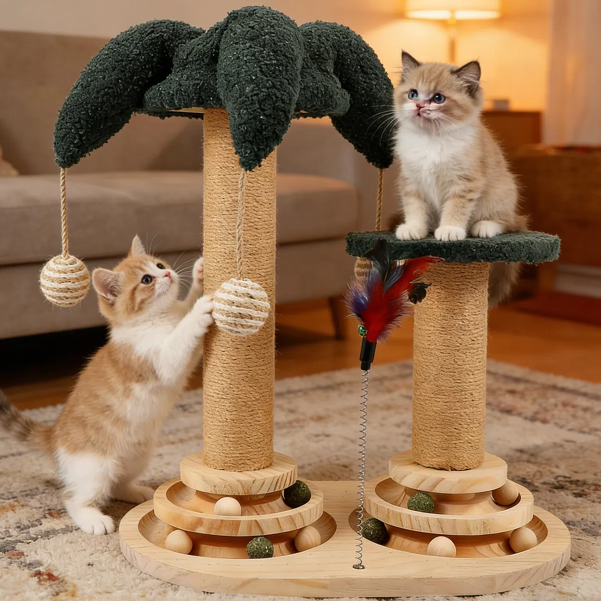 Juego de Juguetes interactivos 6 en 1 para Gatos con Pelota giratoria, Plumas, sisal y Yute Poste rascador, Tabla rascadora y Juguete, Mueble rascador, Juguete de Madera para Gatos con Plumas