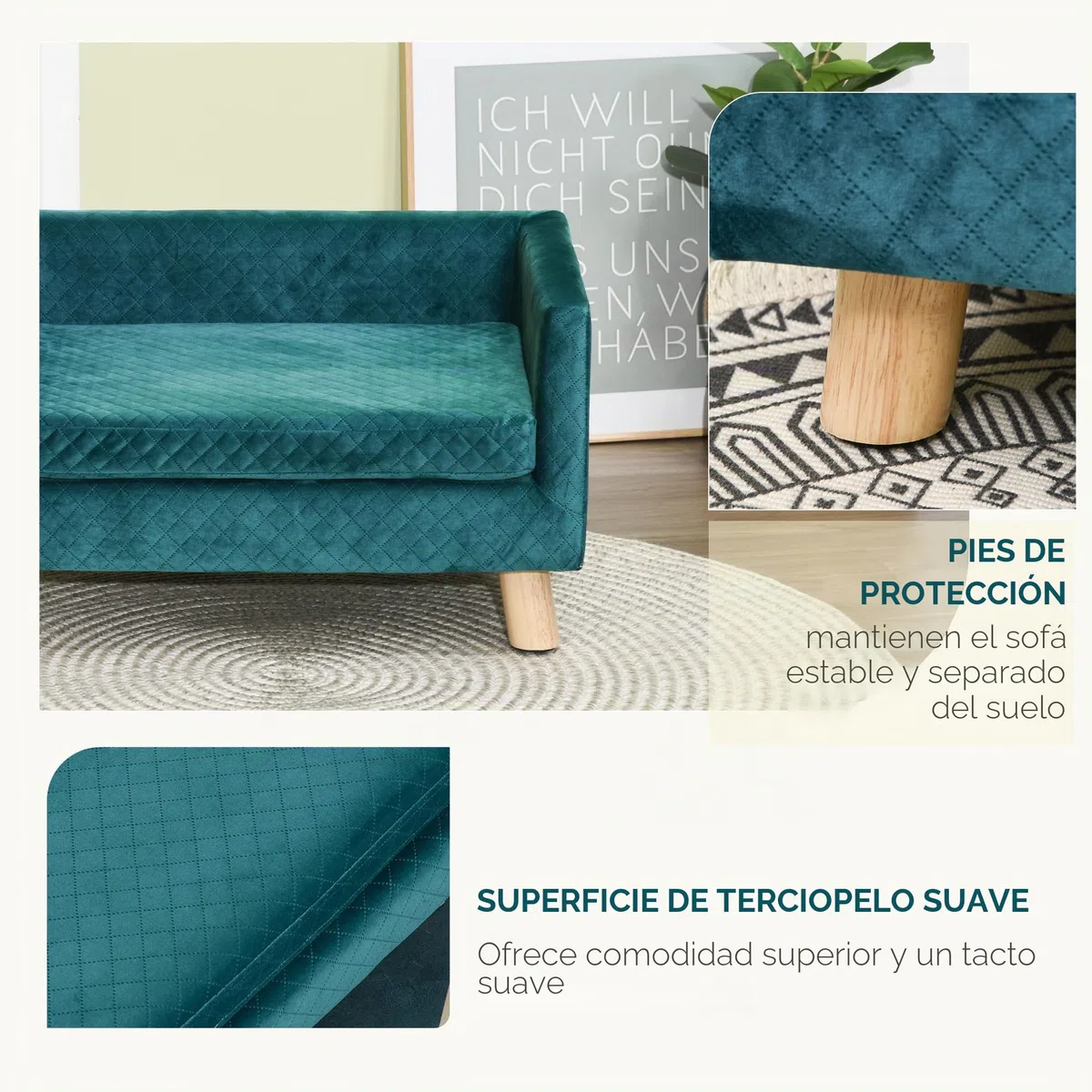 PawHut Sofá para Perros Cama para Perros Diseño escandinavo Cojín suave Patas de madera maciza dim. 64 x 45 x 36 cm Terciopelo Azul Pato