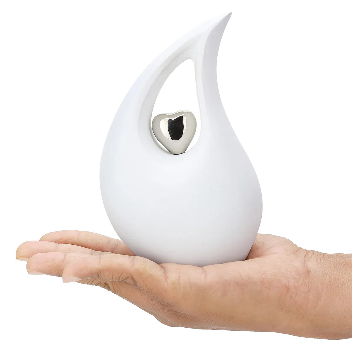 Urnas Medianas con Forma de lágrima Blanca para Cenizas humanas con corazón Plateado (6 Pulgadas de Altura) -Urna para Mascotas pequeñas, Blanco Mate