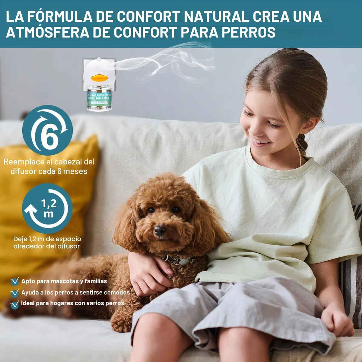 JJW Kit Difusor de Feromonas Calmantes para Perros - 1 Difusor + 4 Recargas de 48ml | Reduce Ansiedad, Estrés y Miedo | Efecto Calmante para Tormentas, Viajes y Entornos Nuevos (Azul, M)
