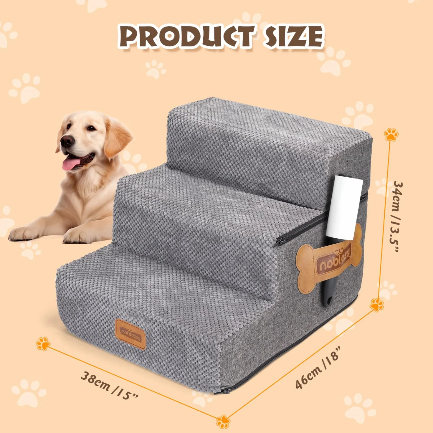 Nobleza Escalera para Perros, Rampa para Perros, Escalera para Cama de Perros Pequeños para Perros y Gatos, Escaleras para Perros Mascotas de 3 Escalones con Rodillo Quitapelusas