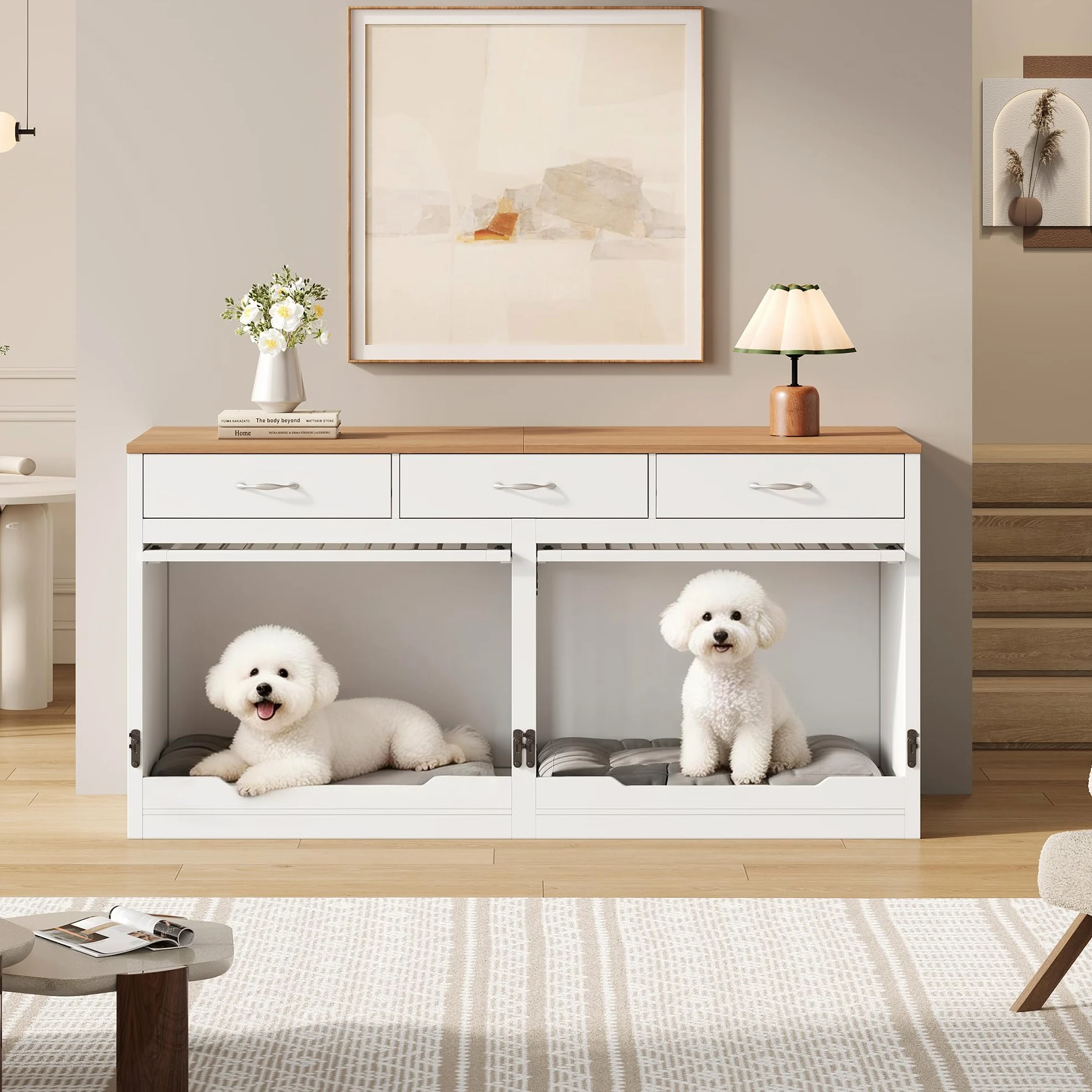 Jaula para perros XXL, muebles de madera y metal, jaula para perros, con 3 cajones y 2 puertas, caseta interior para perros, caseta para el hogar, tapa abatible, divisor extraíble (blanco + aspecto de