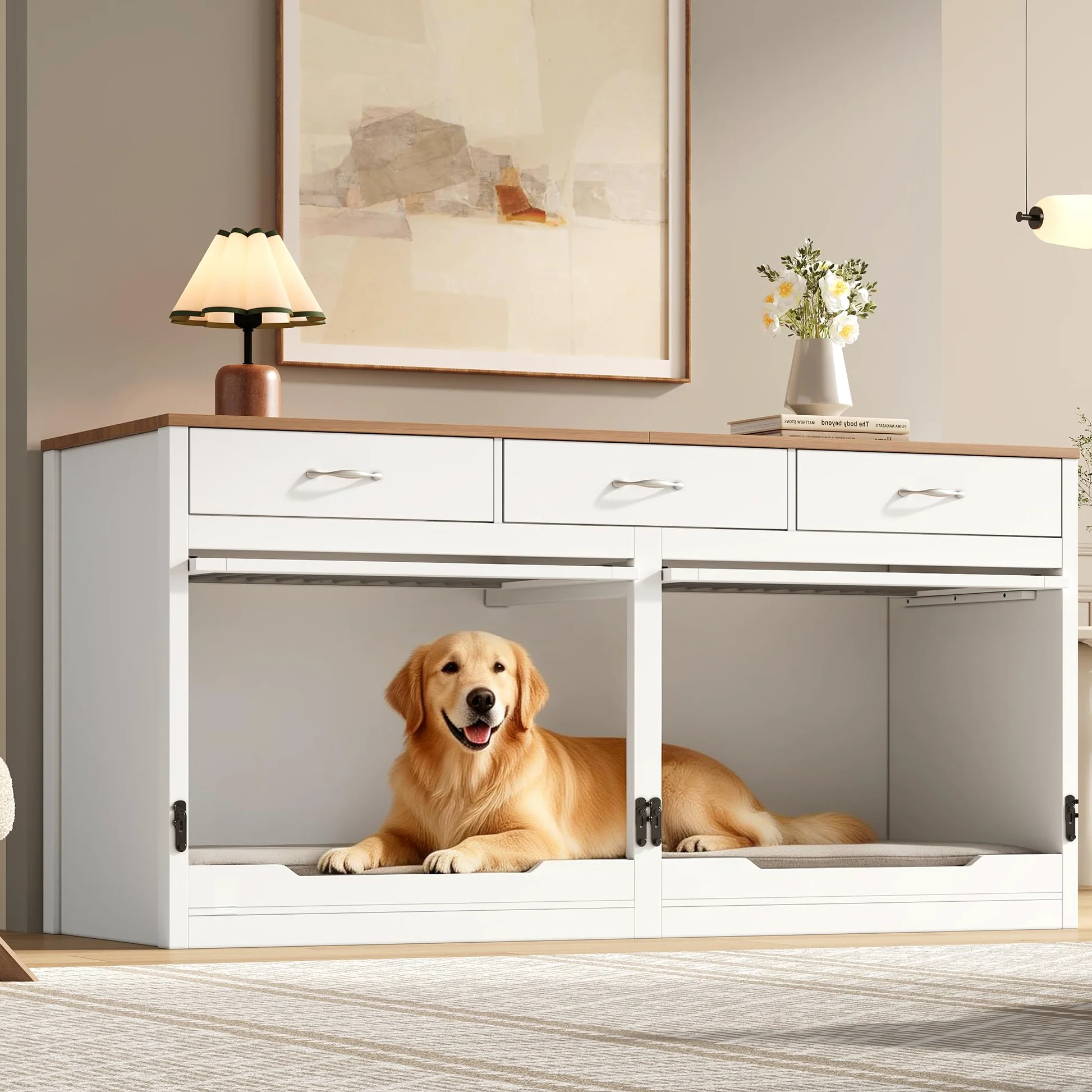 Jaula para perros XXL, muebles de madera y metal, jaula para perros, con 3 cajones y 2 puertas, caseta interior para perros, caseta para el hogar, tapa abatible, divisor extraíble (blanco + aspecto de