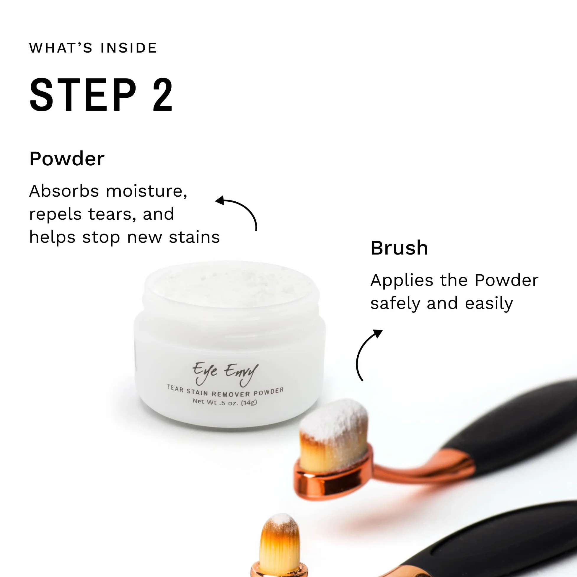 Eye Envy Kit quitamanchas de lágrimas de perrode inicio con cepillo ProPowder | solución antimanchas, almohadillas aplicadoras, polvo antimanchas y cepillo aplicador pequeño | Dura 30-45 días