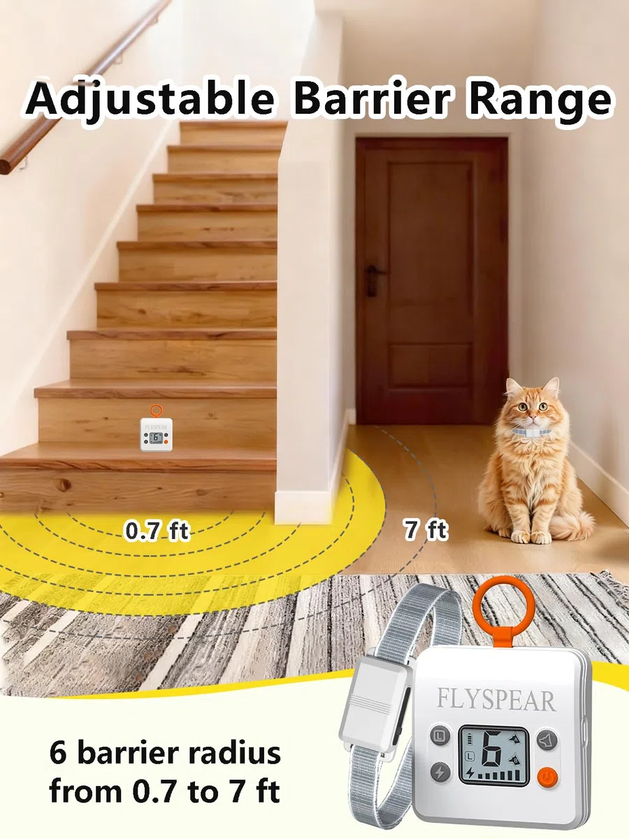FLYSPEAR Barrera inalámbrica para gatos, barrera recargable para interiores con 6 radios de rango ajustables de hasta 7 pies, 6 intensidades estáticas seguras ajustables, sistema de valla eléctrica