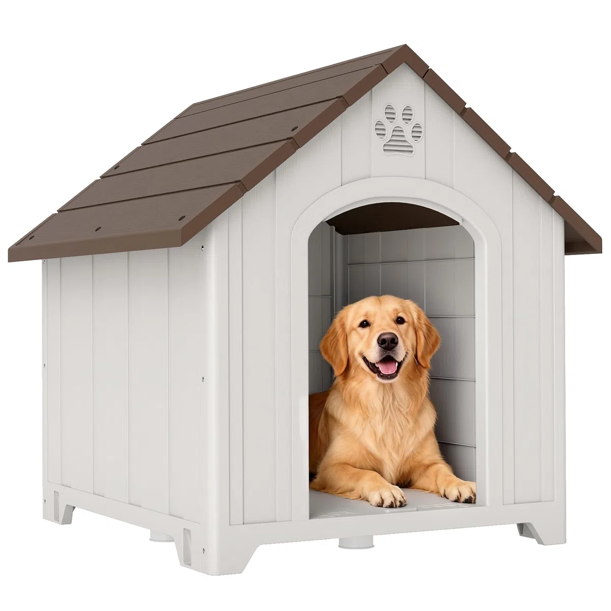 PawHut Caseta para Perros Exterior, Casa para Perros Grandes de Plástico Impermeable con 2 Ventanas, Base Elevada, Estacas, Fácil de Montar, 88x79x89 cm, Marrón Oscuro