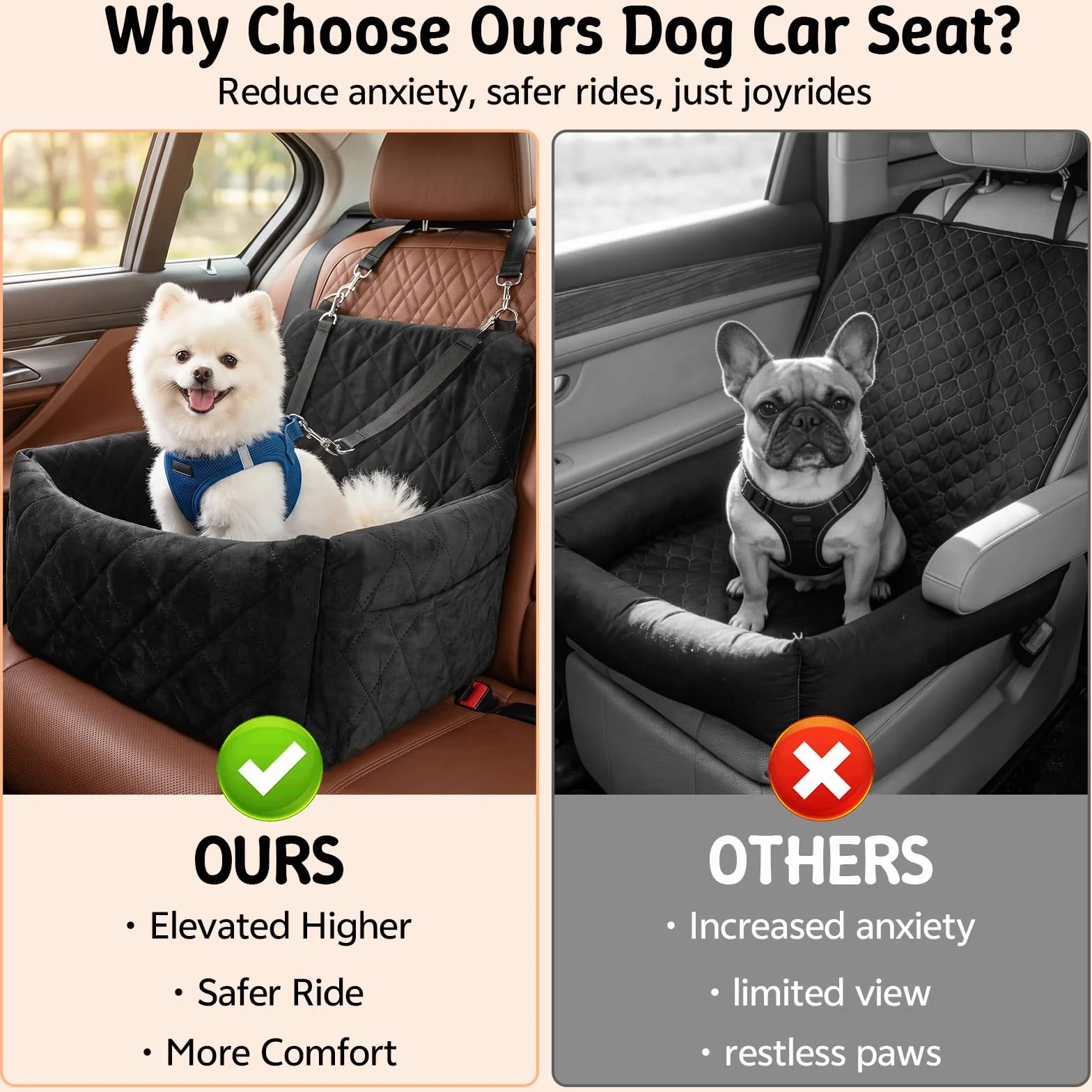Asiento de coche para perros pequeños, cama de coche para perros con espuma viscoelástica gruesa, asiento elevador para cachorros para perros pequeños, lavable desmontable y 2 cinturones de