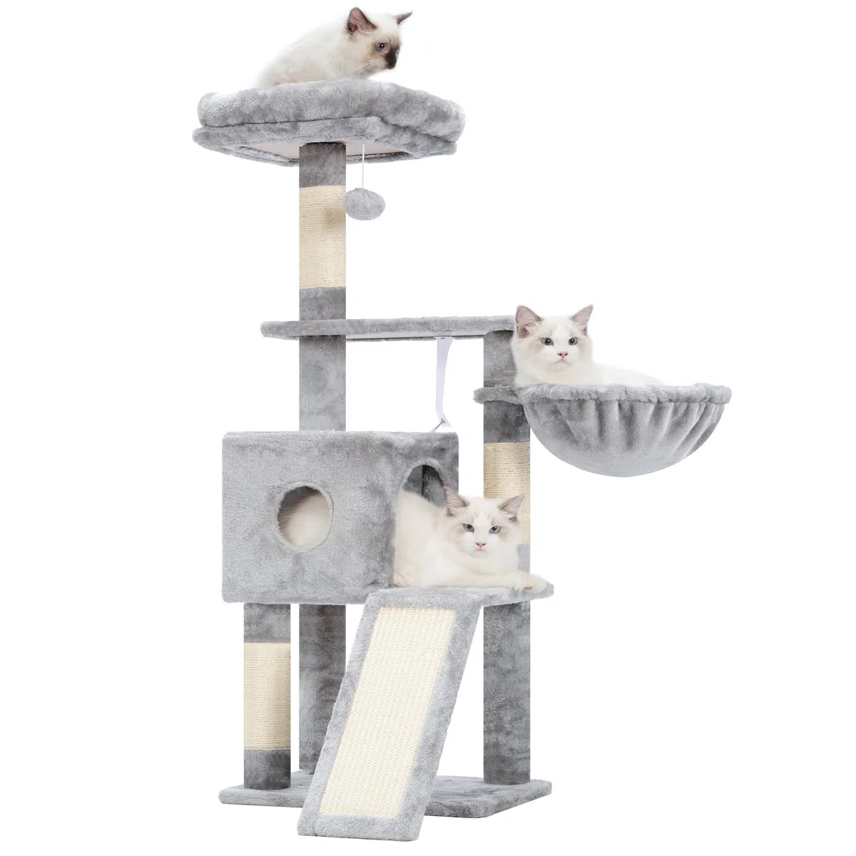 Hey-brother Árbol rascador para gatos, 108 cm, para interiores, varios pisos para gatitos, con columnas para rascar, rampa, cesta, espacioso agujero para gatos y juguete con pompón colgante, gris