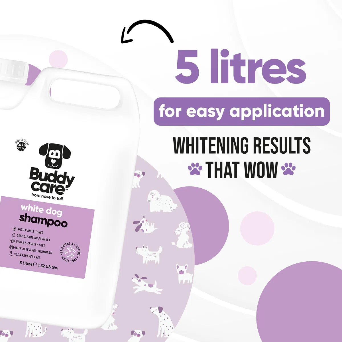 Champú blanco para perros de Buddycare – Champú aclarador y aclarador para perros – Limpieza profunda, aroma fresco – con aloe vera y provitamina B5 (5L)