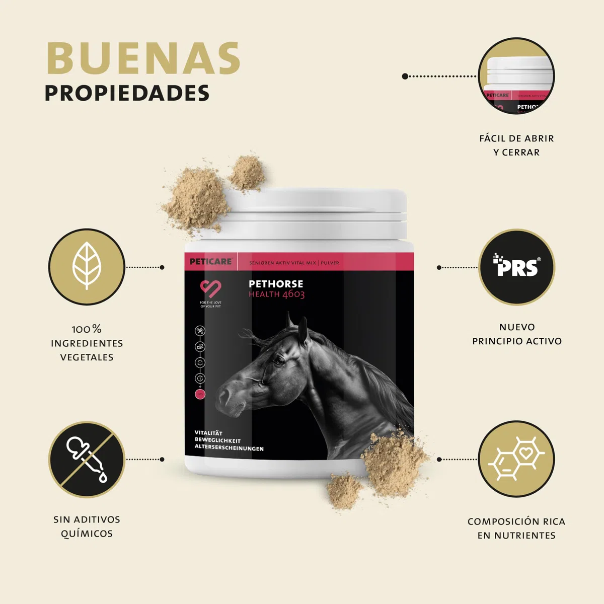 Peticare Senior Polvo para Caballos | Promueve la vitalidad, Movilidad en la vejez | Ingredientes de Origen Vegetal, con L-leucina, MSM | para Caballos Senior y Ponis Mayores | petHorse Health 4603
