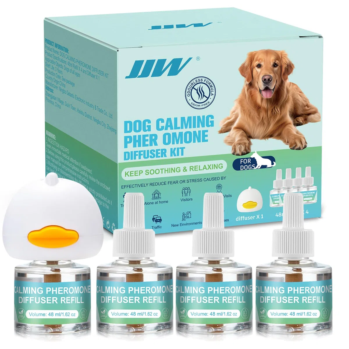 JJW Kit Difusor de Feromonas Calmantes para Perros - 1 Difusor + 4 Recargas de 48ml | Reduce Ansiedad, Estrés y Miedo | Efecto Calmante para Tormentas, Viajes y Entornos Nuevos (Azul, M)