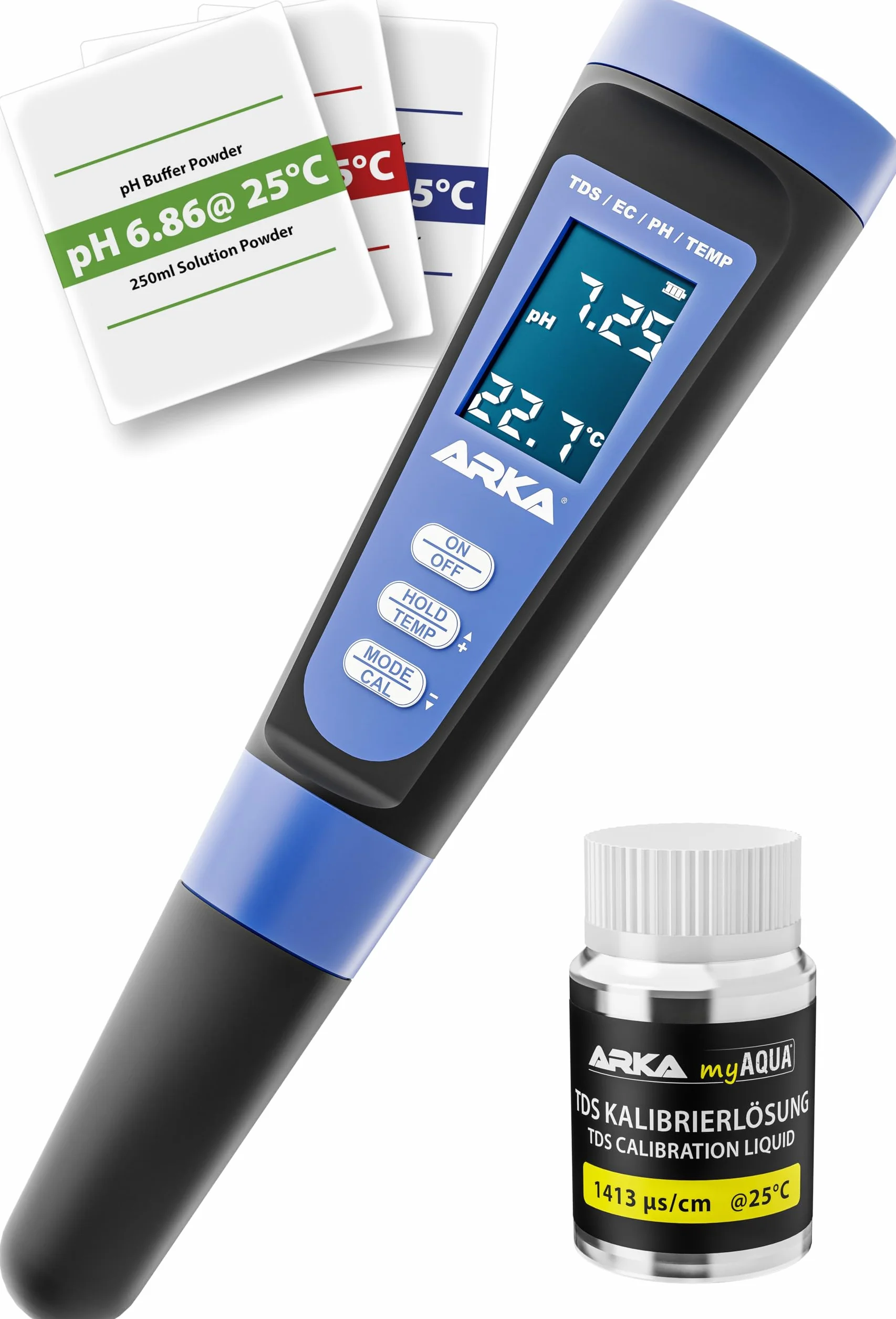 ARKA myAQUA medidor de pH/TDS/EC - medidor de la Calidad del Agua para pH, TDS, EC y Temperatura, Incl. solución de calibración, Ideal para acuarios, Piscinas, estanques y Agua Potable