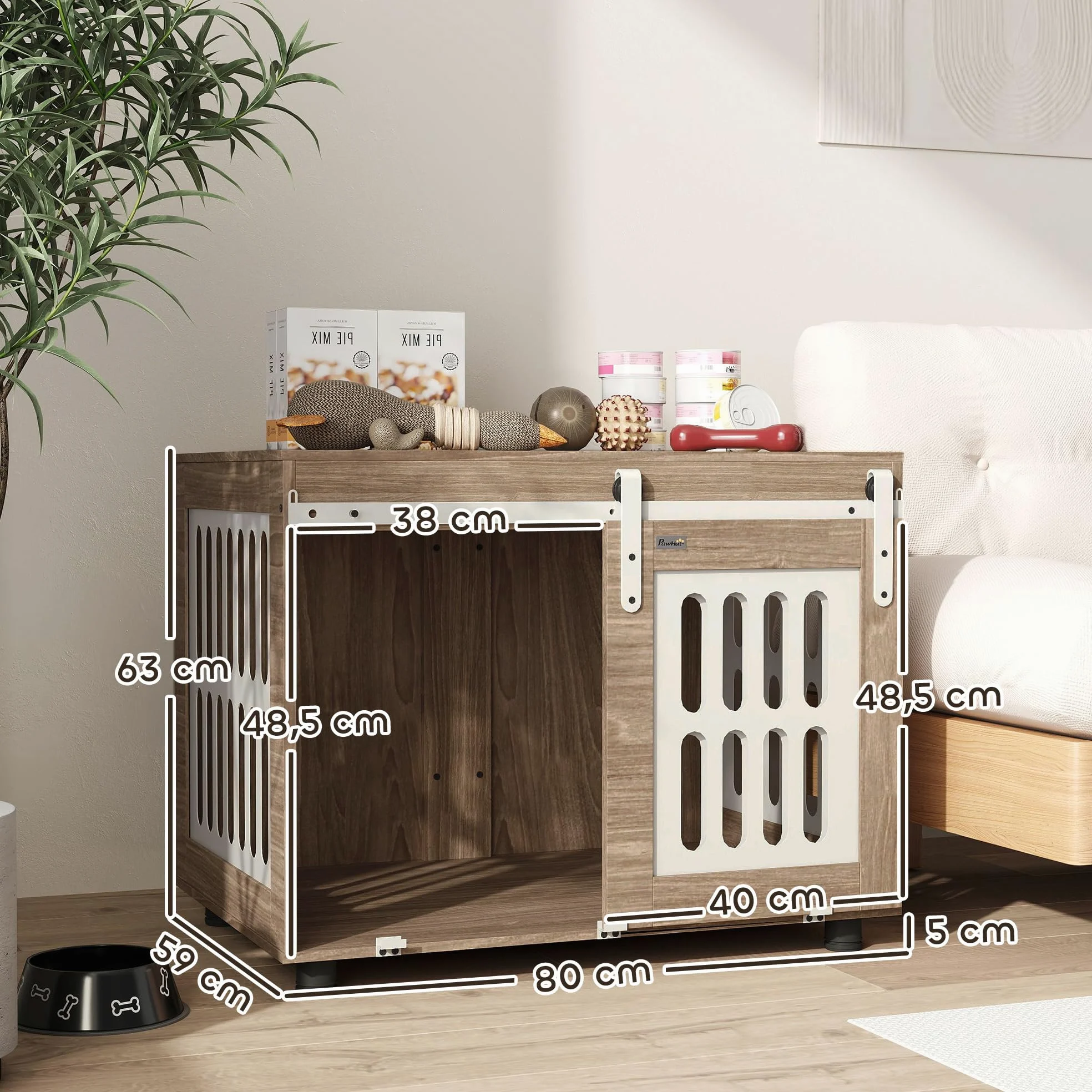 PawHut Jaula para Perros con Puerta corredera, caseta para Perros de tamaño Mediano, Buena ventilación, Mesa Lateral con Patas Ajustables, 80 x 59 x 63 cm, Nogal