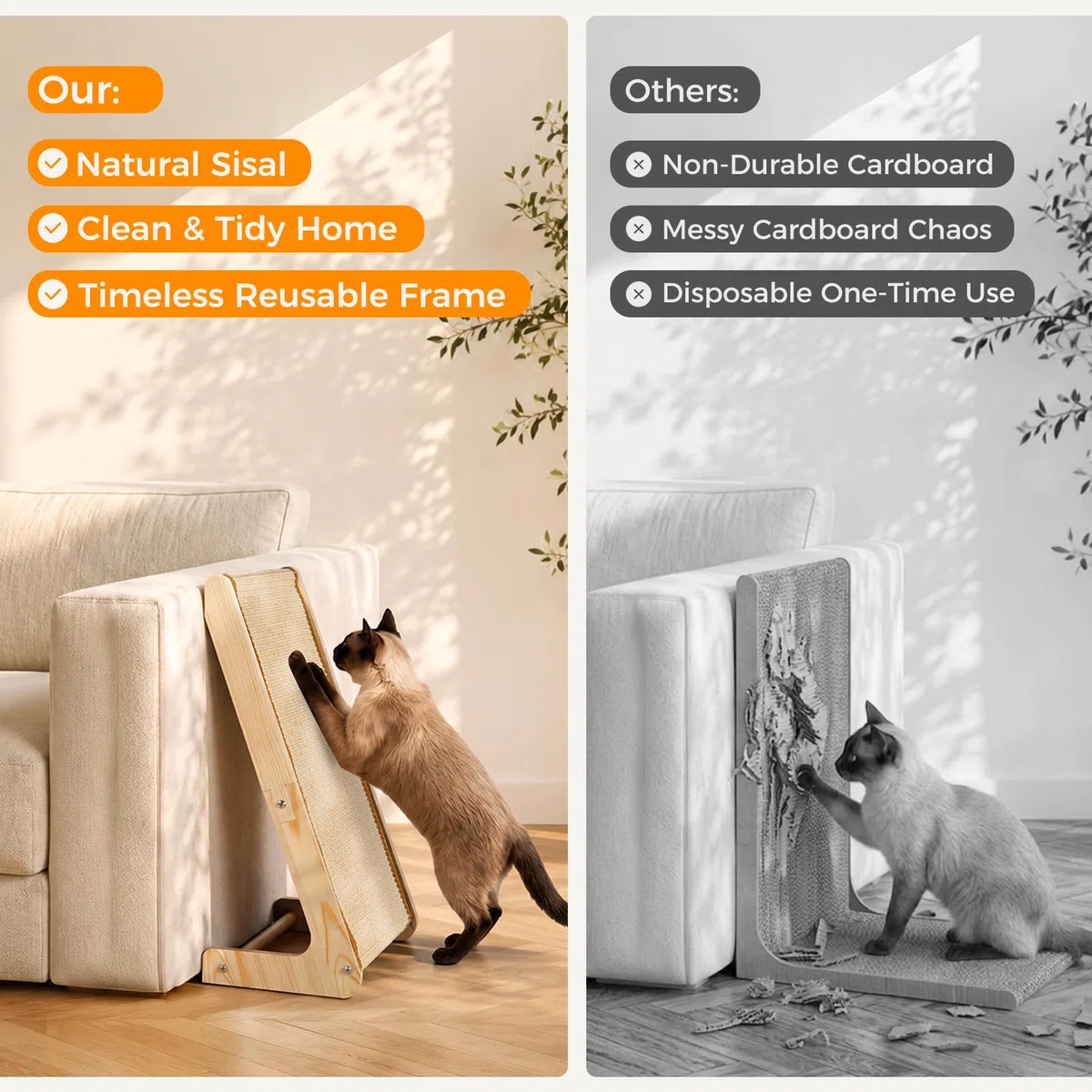Gimars Doble Uso Rascador para Gatos de sisal en Forma de L, 62cm Protector de Sofás y Esquinas, Rampa de Afilar Uñas de Madera con Robusta Alfombra Rascadora, Mueble Estable para Gatos Grandes