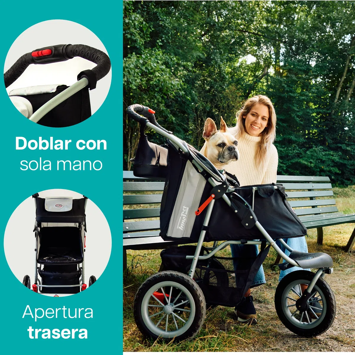Innopet Carrito para perros Comfort EFA Eco negro/plata - Cochecito plegable para perros y gatos, ruedas EVA antipinchazos, hasta 25kg, 2 correas y cesta inferior