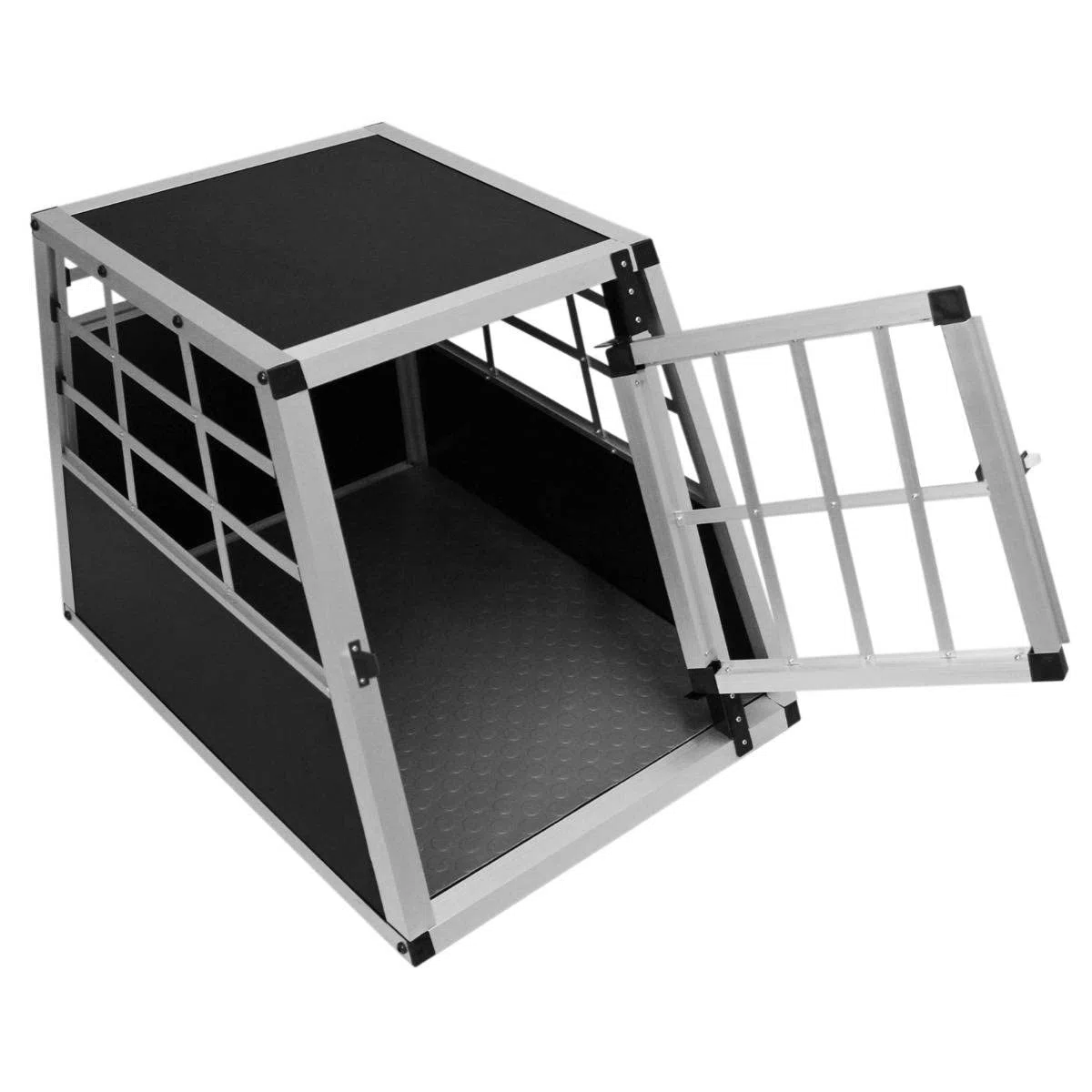 Jaula de Transporte para Coche Mascotas Caja de Viaje de Aluminio Trapezoidal Transportador de Perros Gatos Cachorros 1 Puerta 50 x 54 x 69cm | INCLUÍDA Alfombra de Plástico Lavable