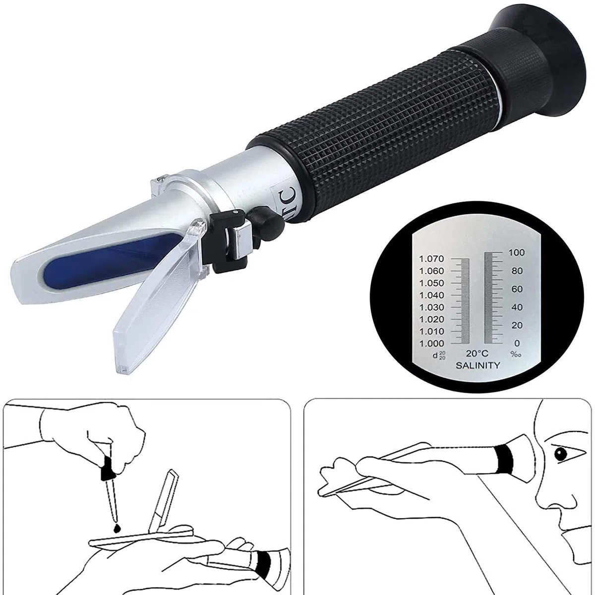 Refractómetro de salinidad,Probador de Agua Salada portátil con compensación automática de temperatura,hidrómetro 0-100‰ y refractómetro ATC de gravedad específica de 1,000a1,070 para acuarios marinos