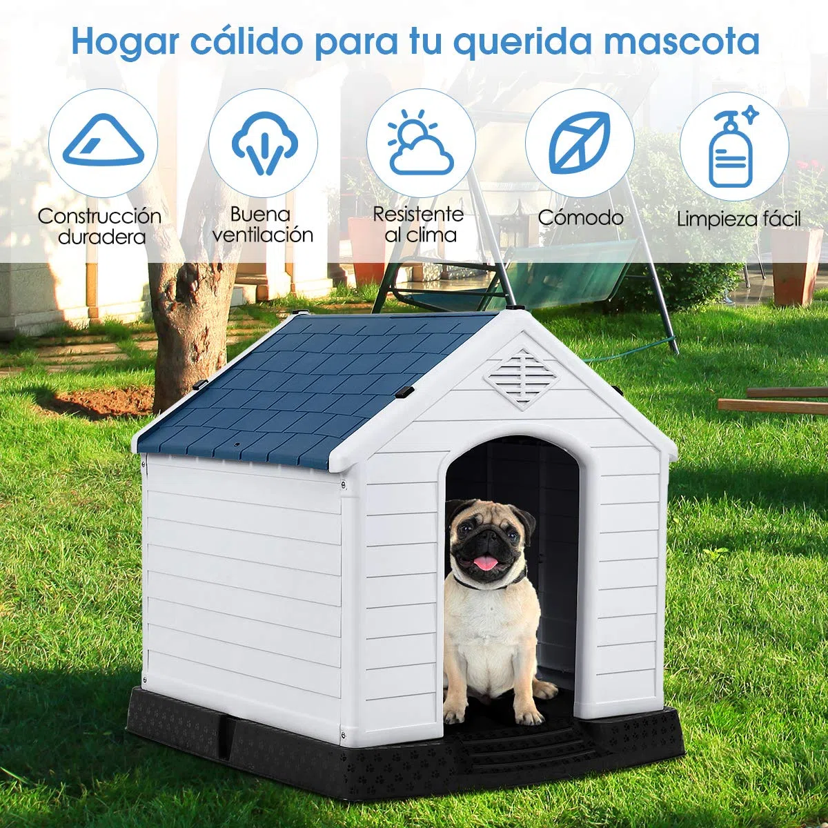 GYMAX Casa Perro, Caseta para Perros Exterior para Pequeños y Medianos, 72,5 x 66 x 70,5 cm con Suelo Elevado, Sistema de Ventilación y Estacas de Anclaje, Blanco + Azul
