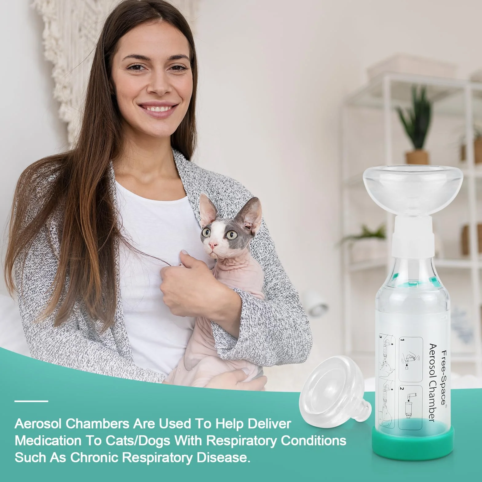 free-space Espaciador inhalador para Gatos/Perros con máscara de Silicona de Forma Redonda, cámara de Aerosol felino con indicador de respiración 2 máscara (Gato)