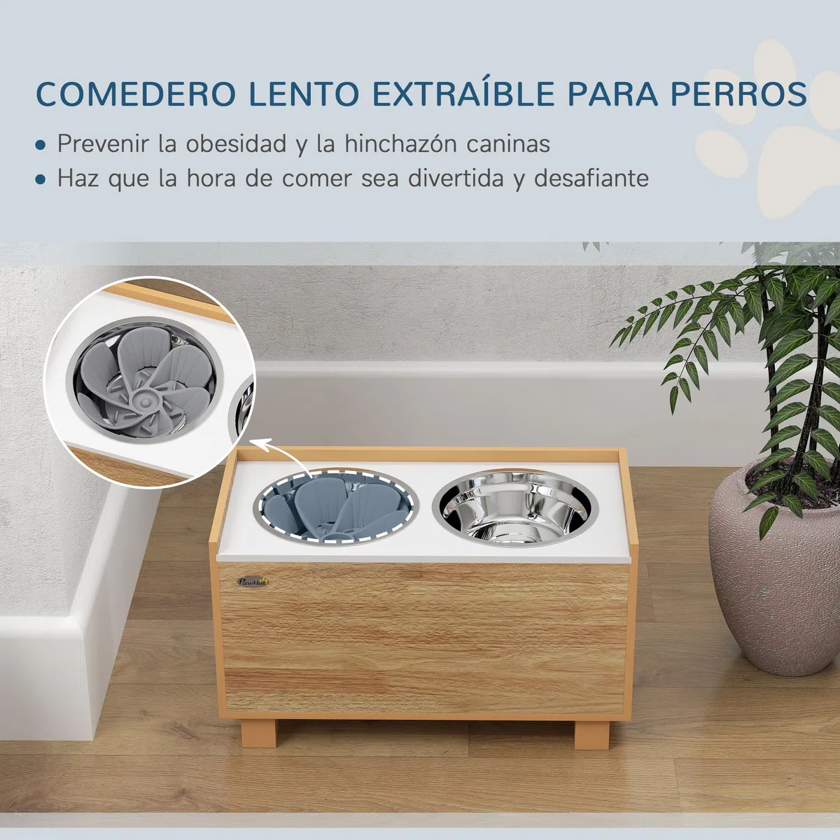 PawHut Comedero Perro Elevado con Alimentador Lento Extraíble y Espacio de Almacenaje Cuencos para Perros con 2x2 L Comedero y Bebedero de Acero Inoxidable para Perros Grandes Roble
