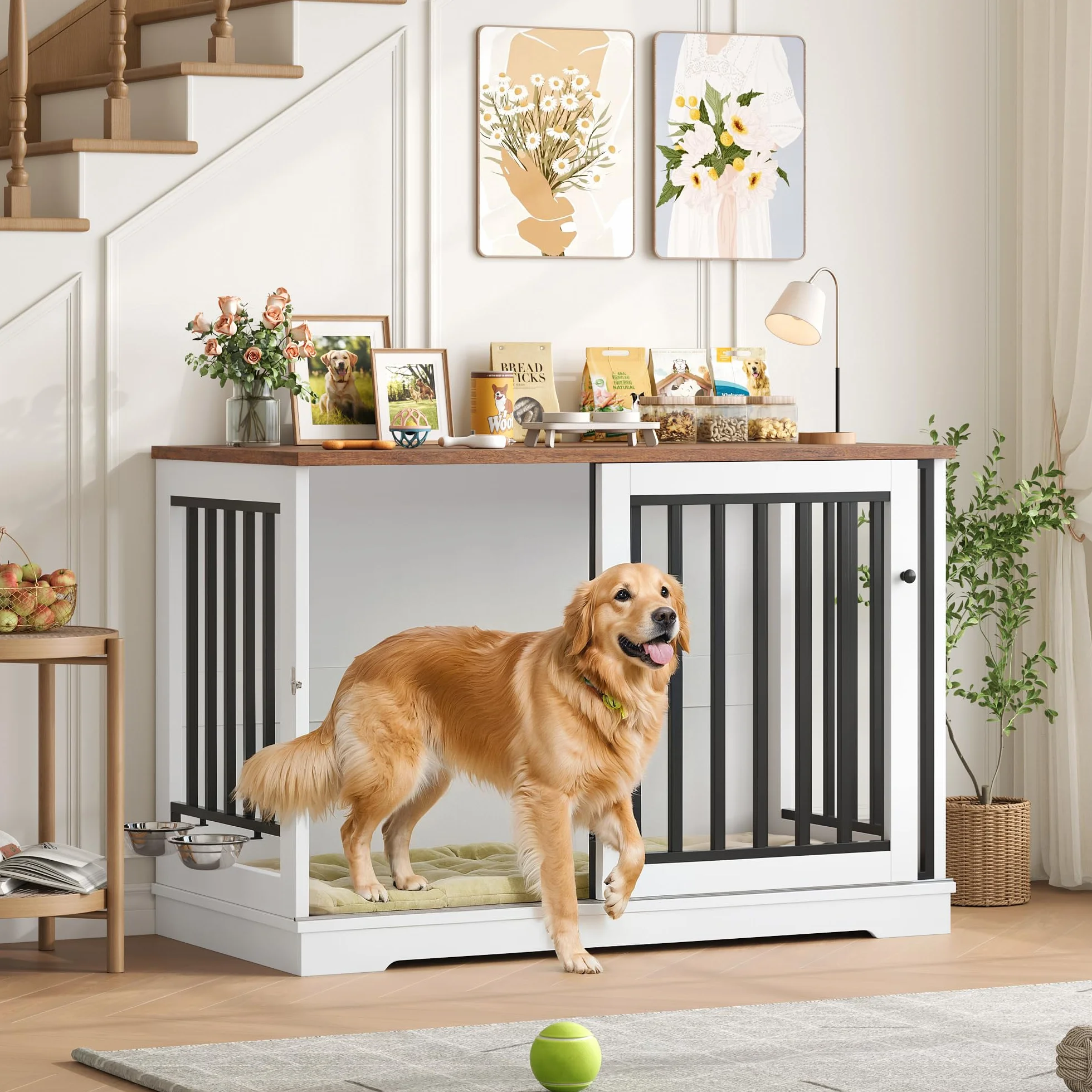 FirFurd 120cm Jaula para Perros,Mesa Auxiliar con Puerta corredera, Jaula Perro Grande para Casa de Madera,para Animales Acero para Perros Medianos y Grandes 120 x 90 x 60 cm (Blanco+Marrón)