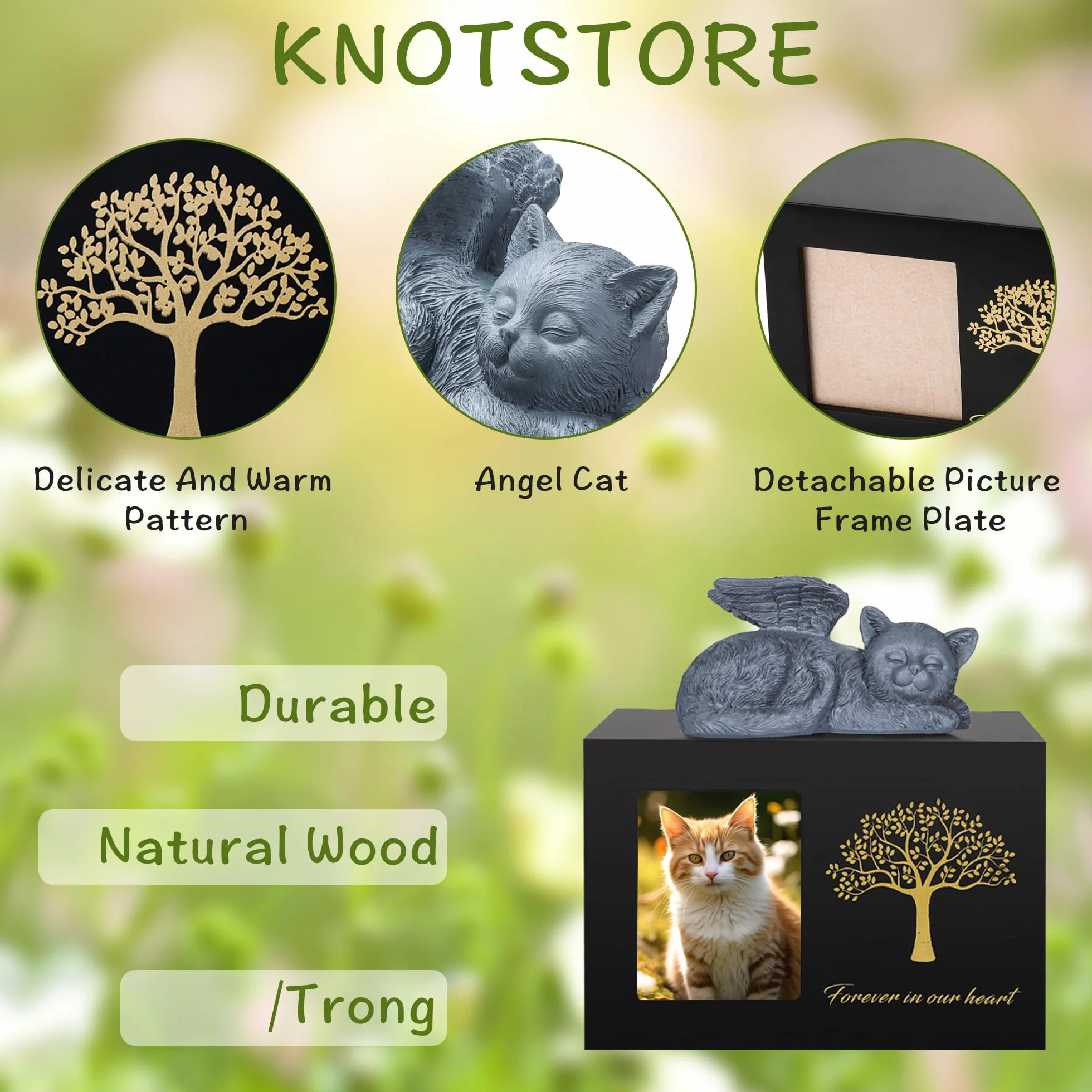 Urnas para gatos - Caja de cremación - Urna negra de madera con estatua de gato y bolsa de terciopelo