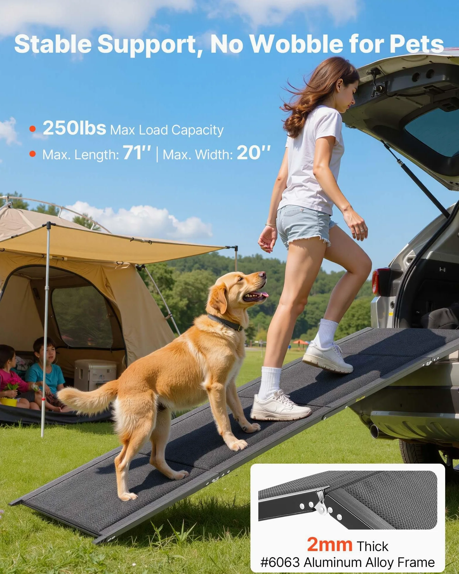 VEVOR Rampa para Perros, 180 x 50,8 cm, Plegable, para Perros Medianos y Grandes de hasta 113 kg, con Superficie de Tela Oxford Antideslizante, Portátil, para Exteriores, SUV y Camiones, Negro