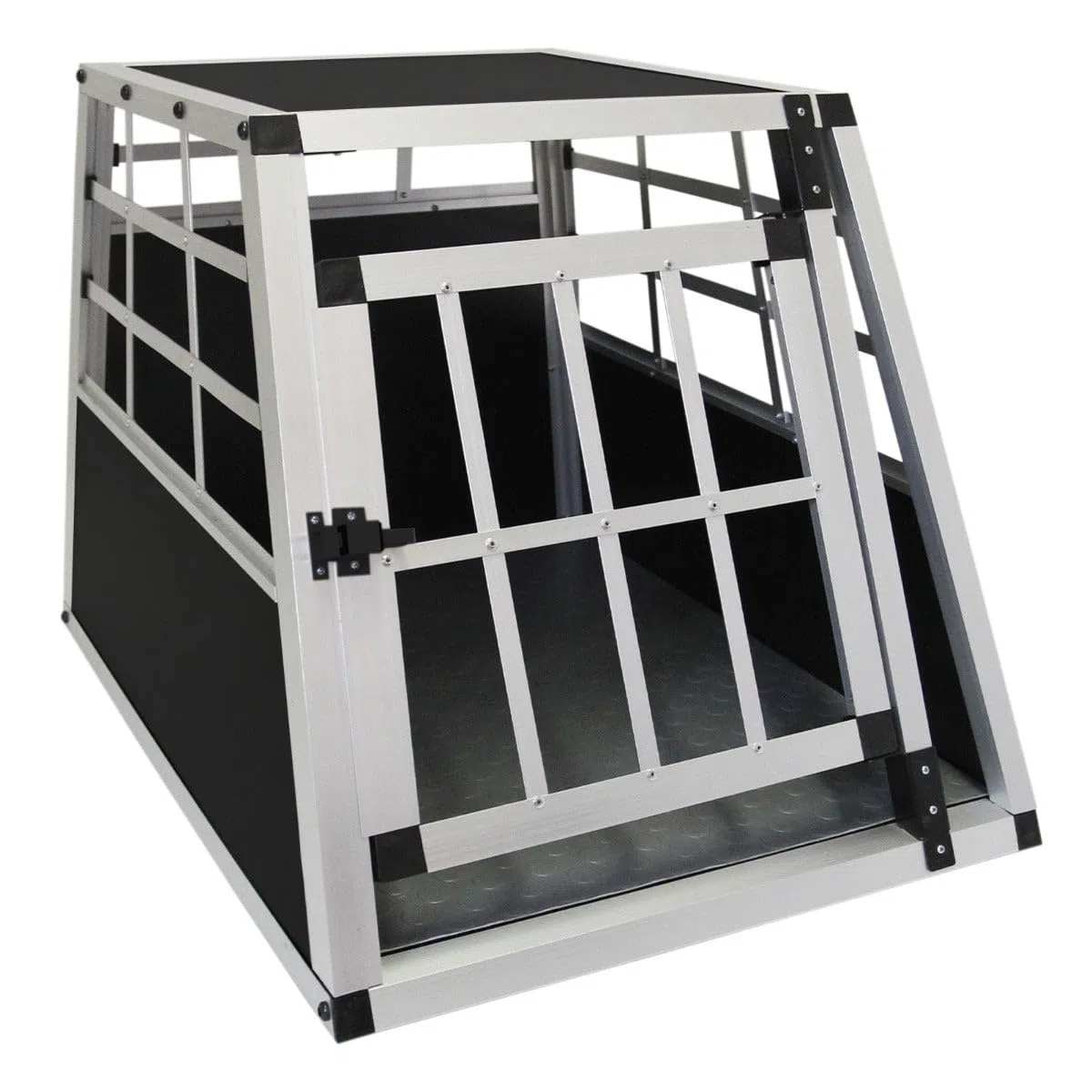 Jaula de Transporte para Coche Mascotas Caja de Viaje de Aluminio Trapezoidal Transportador de Perros Gatos Cachorros 1 Puerta 50 x 54 x 69cm | INCLUÍDA Alfombra de Plástico Lavable