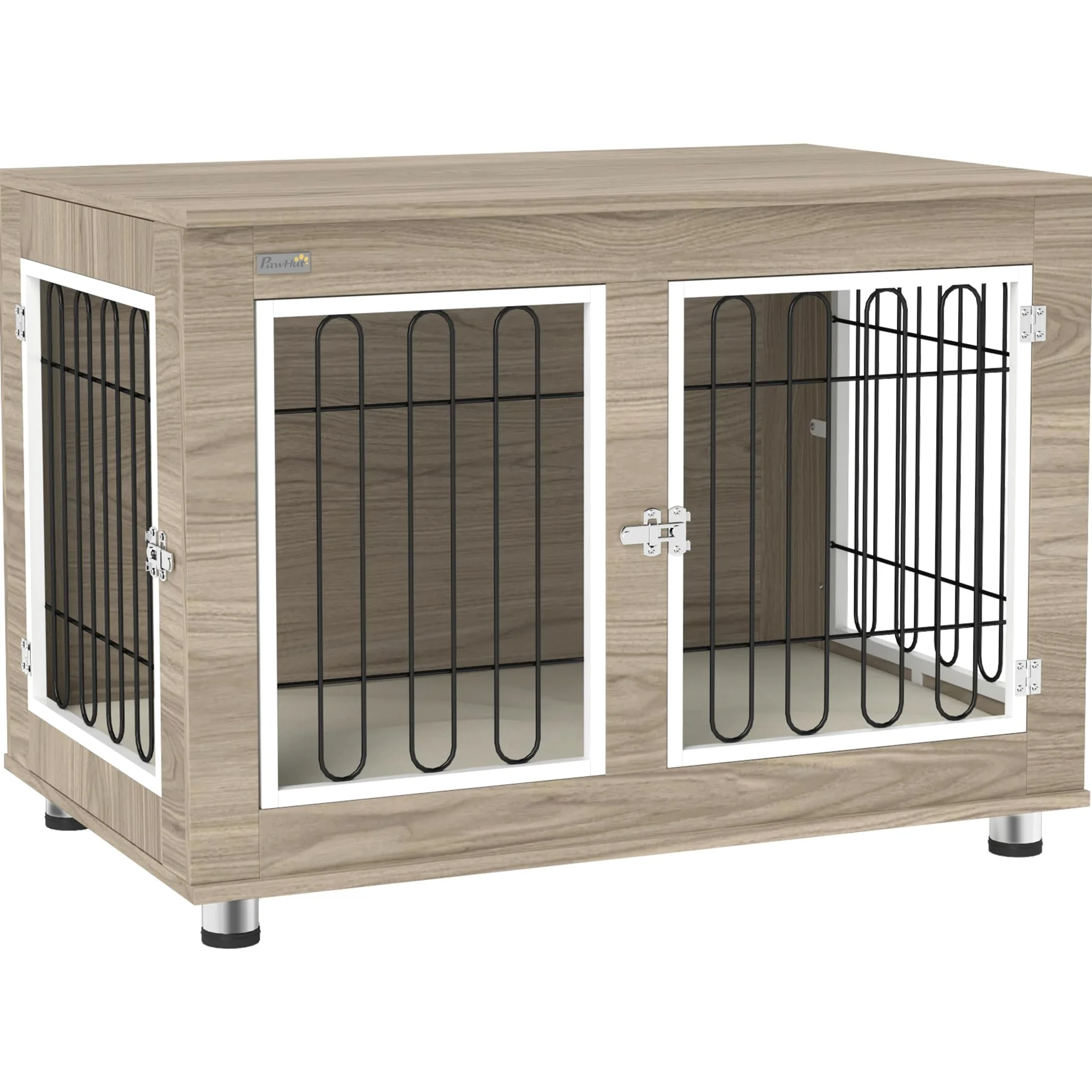 PawHut - Jaula para perro, mueble de jaula para perro, interior, mesa auxiliar multiusos con doble puerta y cojín, para perro, tamaño mediano y grande, 90 x 58 x 65 cm, aspecto nogal