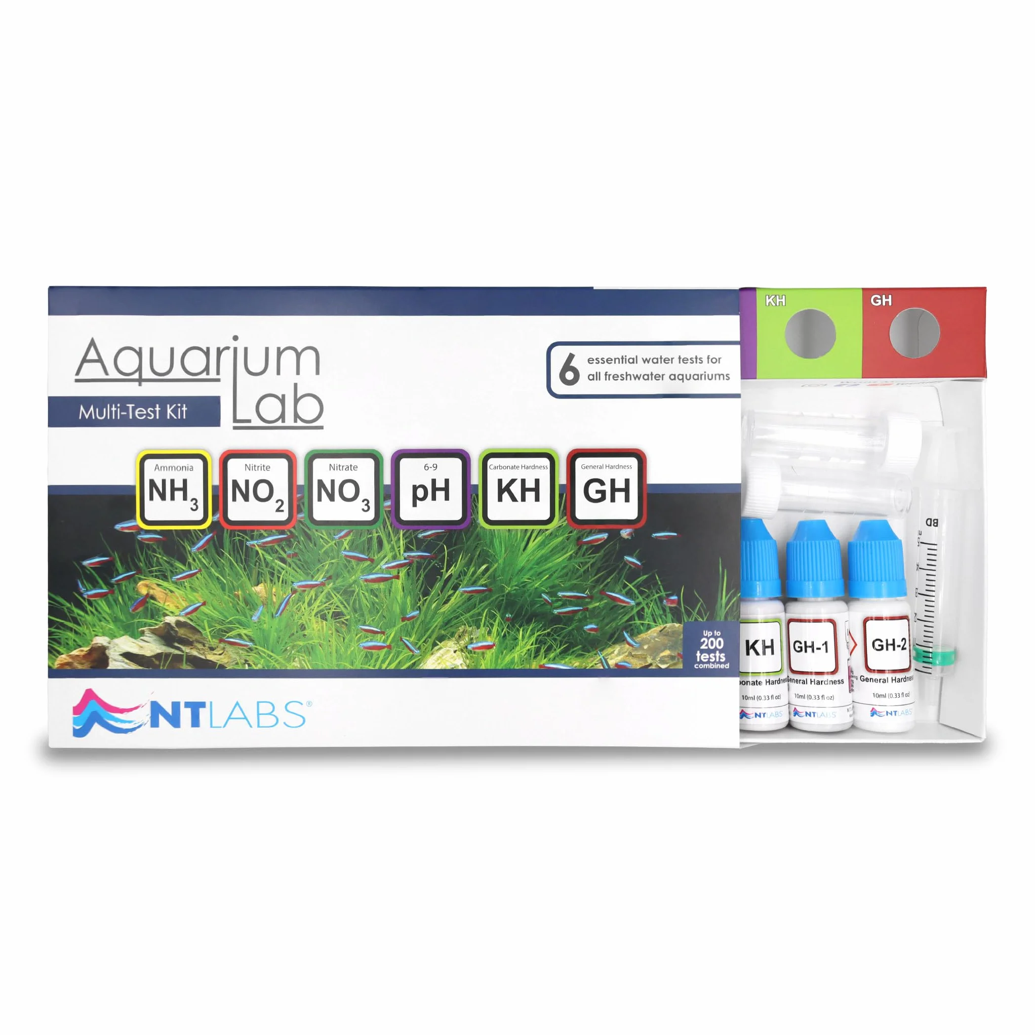 NT Labs Aquarium Lab Multi Test Kit – Test para Acuario de Agua Dulce 6 en 1 (Amoníaco, nitrito, nitrato, pH, GH, KH), hasta 200 Mediciones, Kit Líquido Profesional Alta Precisión