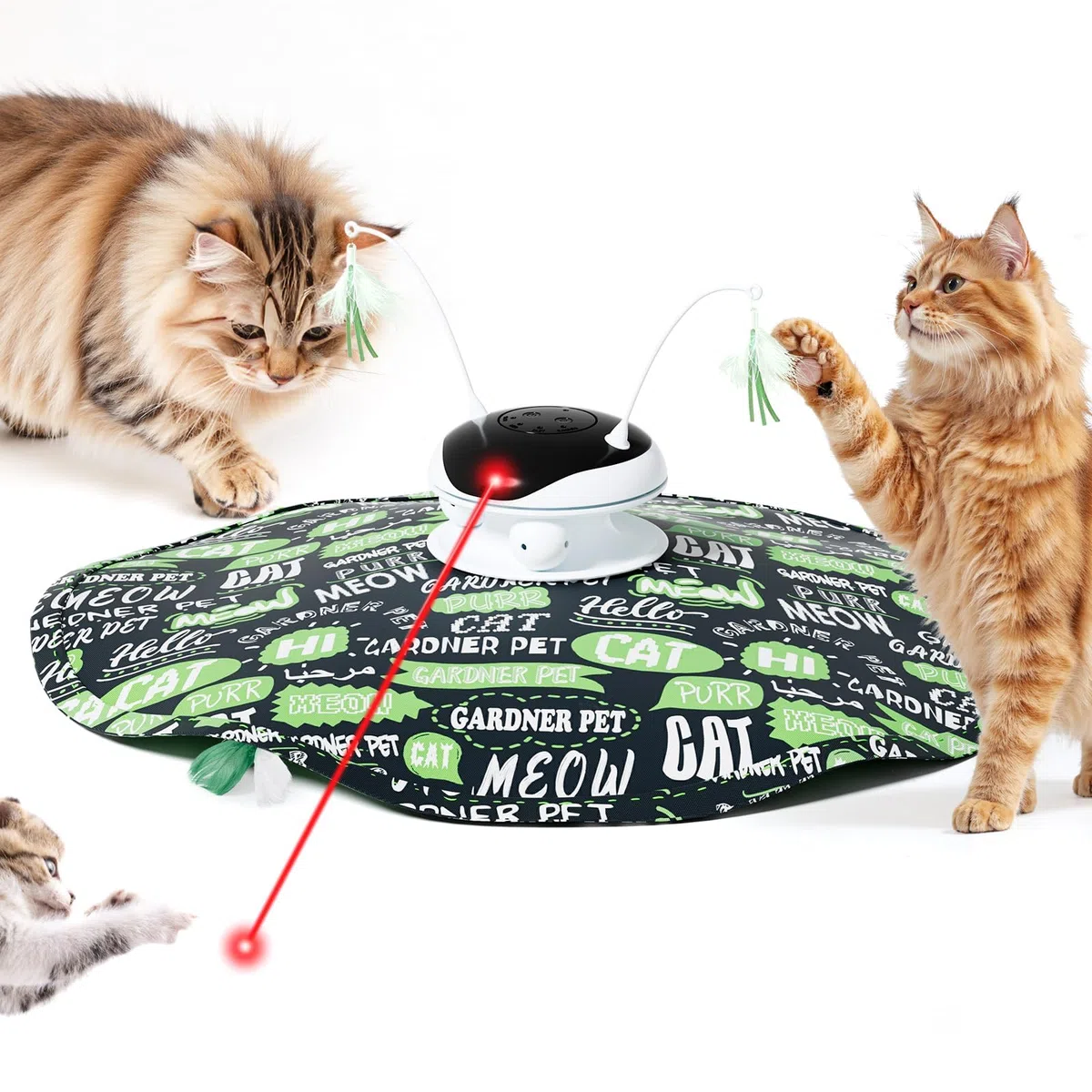 Gardner Pet Juguete para Gatos, 5 en 1 Eléctrico Interactivo Automático para Gatos, Juego de Escondite, Juguete con Plumas, Láser, Pelotas y Sonidos de Pájaros, Carga USB, Verde